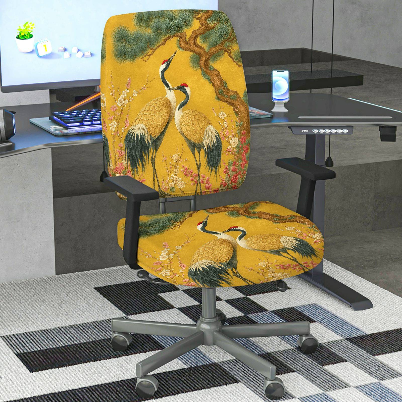 2-Piece Asian Crane Floral Tree Nature Art  Computer Chair Cover Set, Seat and Backrest