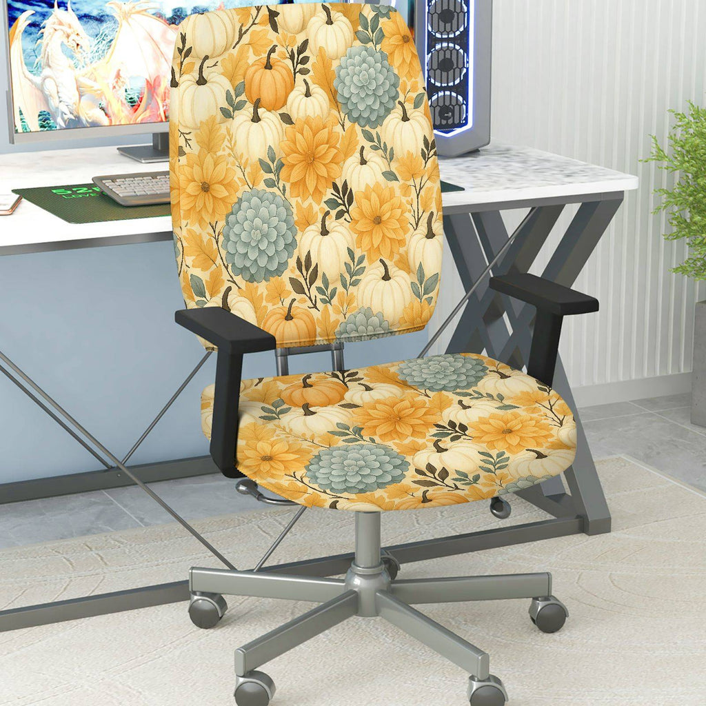 2-Piece Autumn Thanksgiving Floral Pumpkin Succulent  Computer Chair Cover Set, Seat and Backrest
