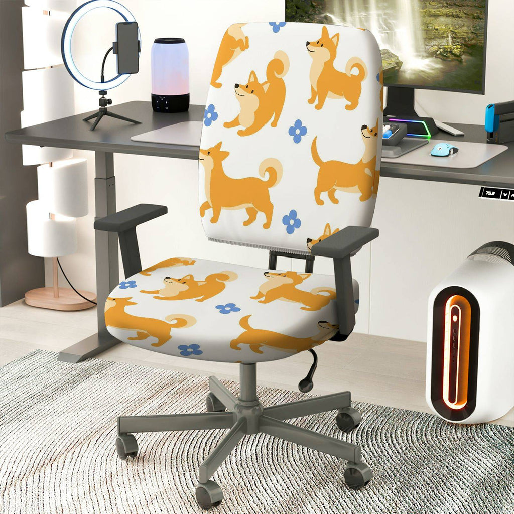 2-Piece Cute Dog Flower Pattern Printed  Computer Chair Cover Set, Seat and Backrest