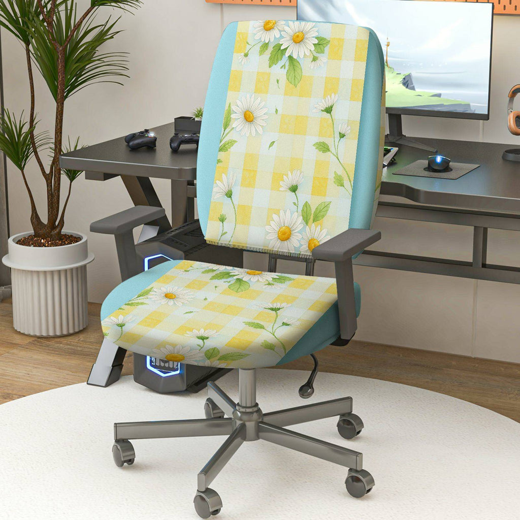 2-Piece Yellow Floral Daisy Checkered Spring Summer  Computer Chair Cover Set, Seat and Backrest