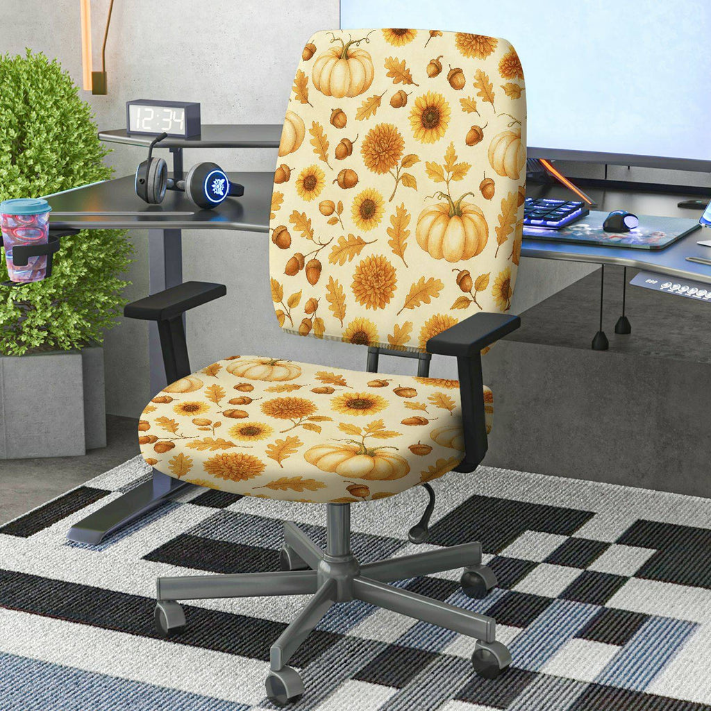 2-Piece Autumn Pumpkin Sunflower Maple Leaf Acorn  Computer Chair Cover Set, Seat and Backrest