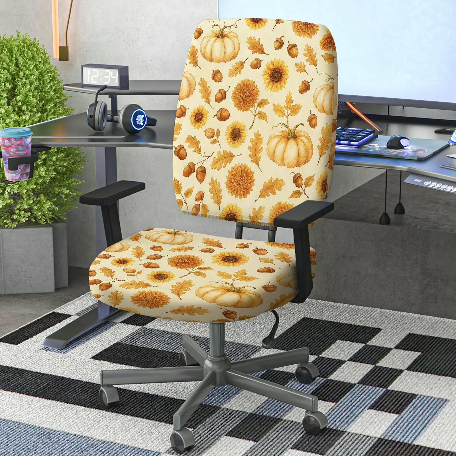 2-Piece Autumn Pumpkin Sunflower Maple Leaf Acorn  Computer Chair Cover Set, Seat and Backrest
