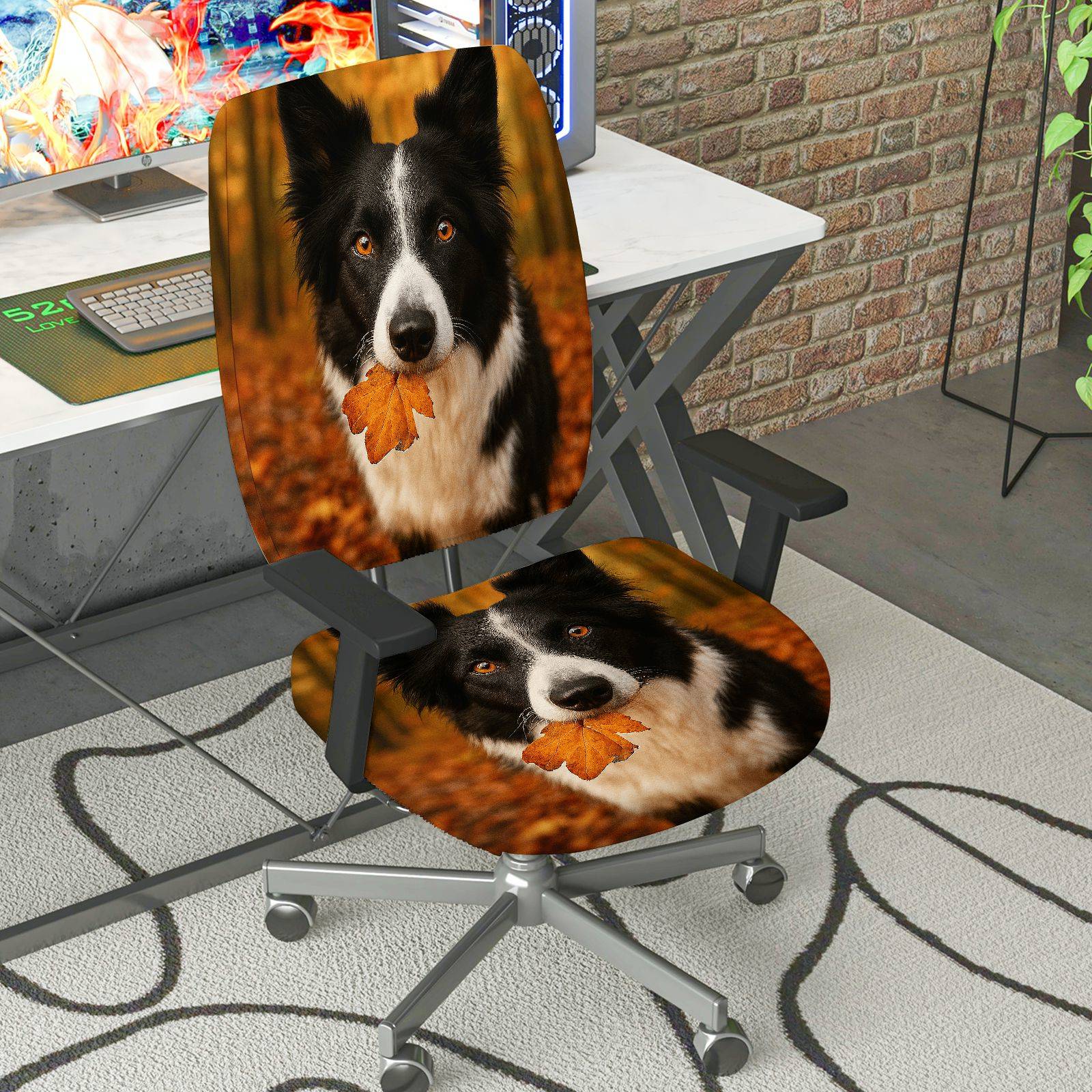 2-Piece Autumn Dog Leaf Nature Cozy  Computer Chair Cover Set, Seat and Backrest