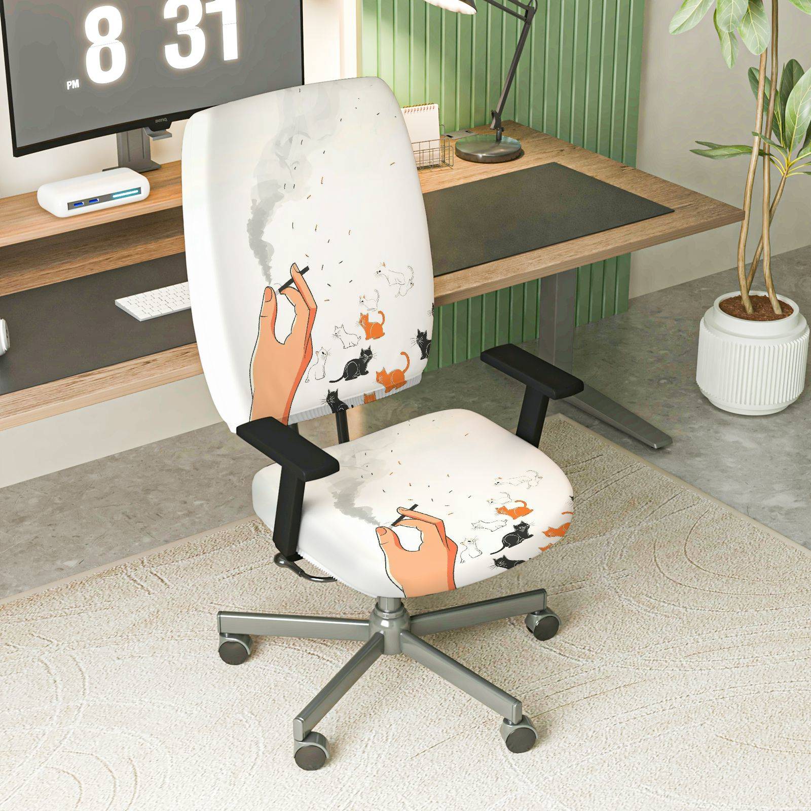 2-Piece Artistic Cat Smoking Hand Design  Computer Chair Cover Set, Seat and Backrest