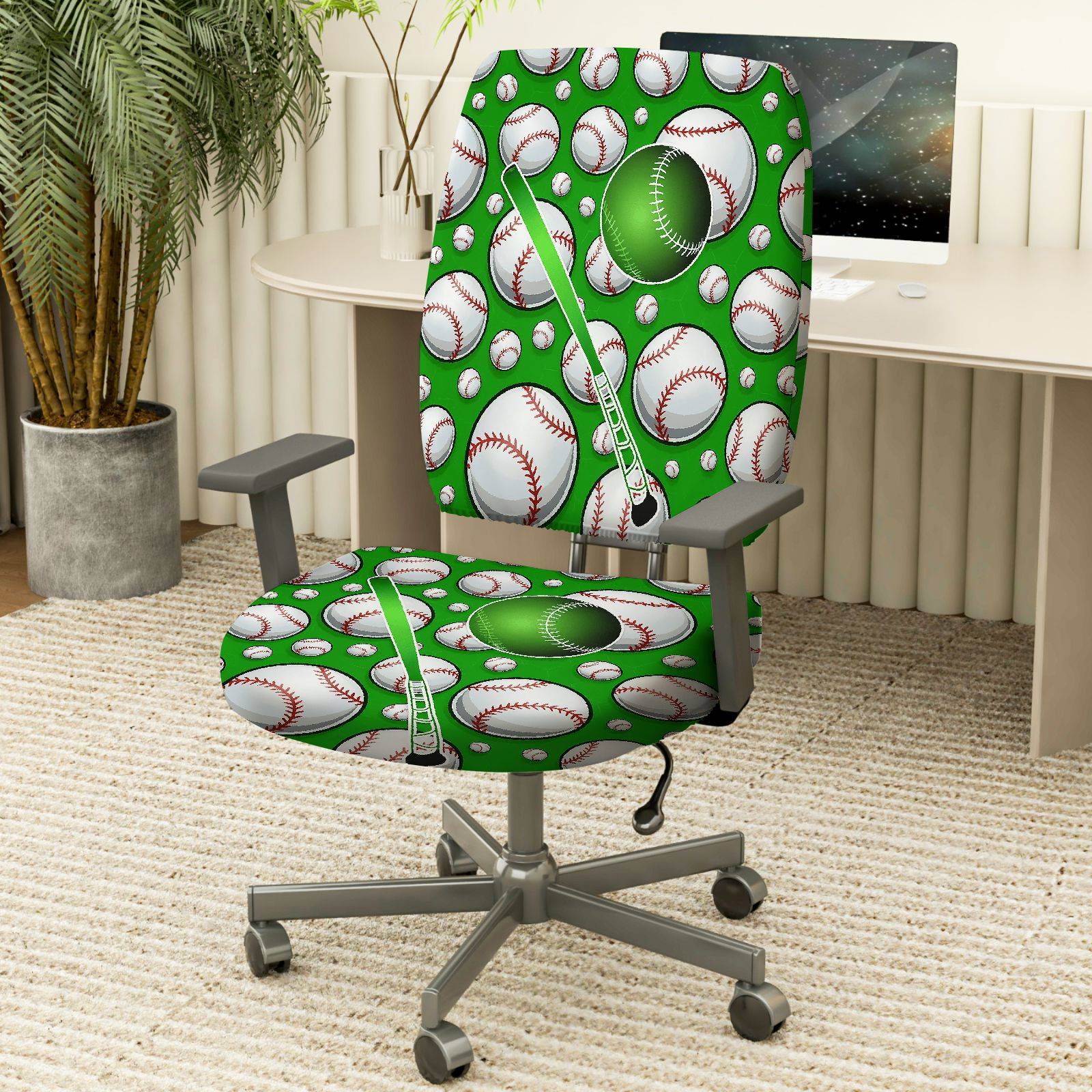 2-Piece Baseball Sports Pattern Green  Computer Chair Cover Set, Seat and Backrest