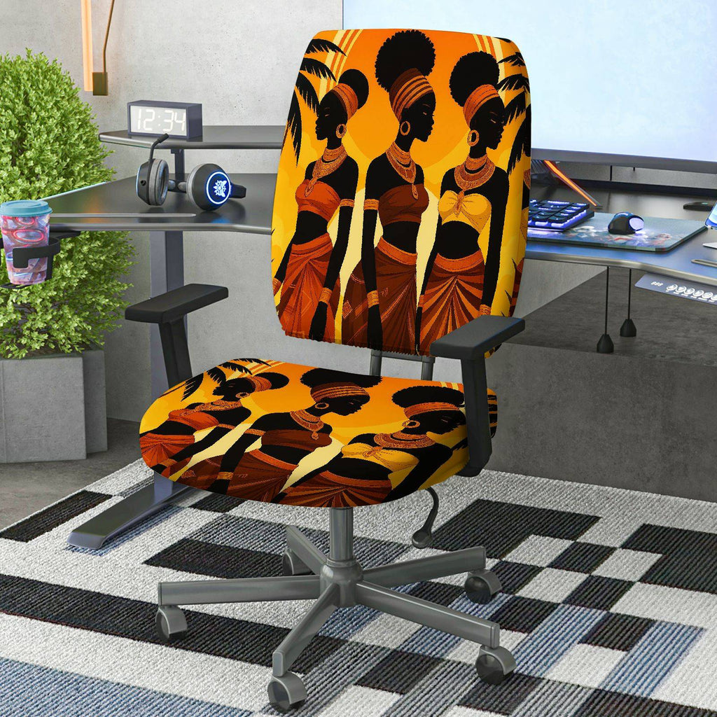 2-Piece African Tribal Art Black Women Orange Pattern  Computer Chair Cover Set, Seat and Backrest