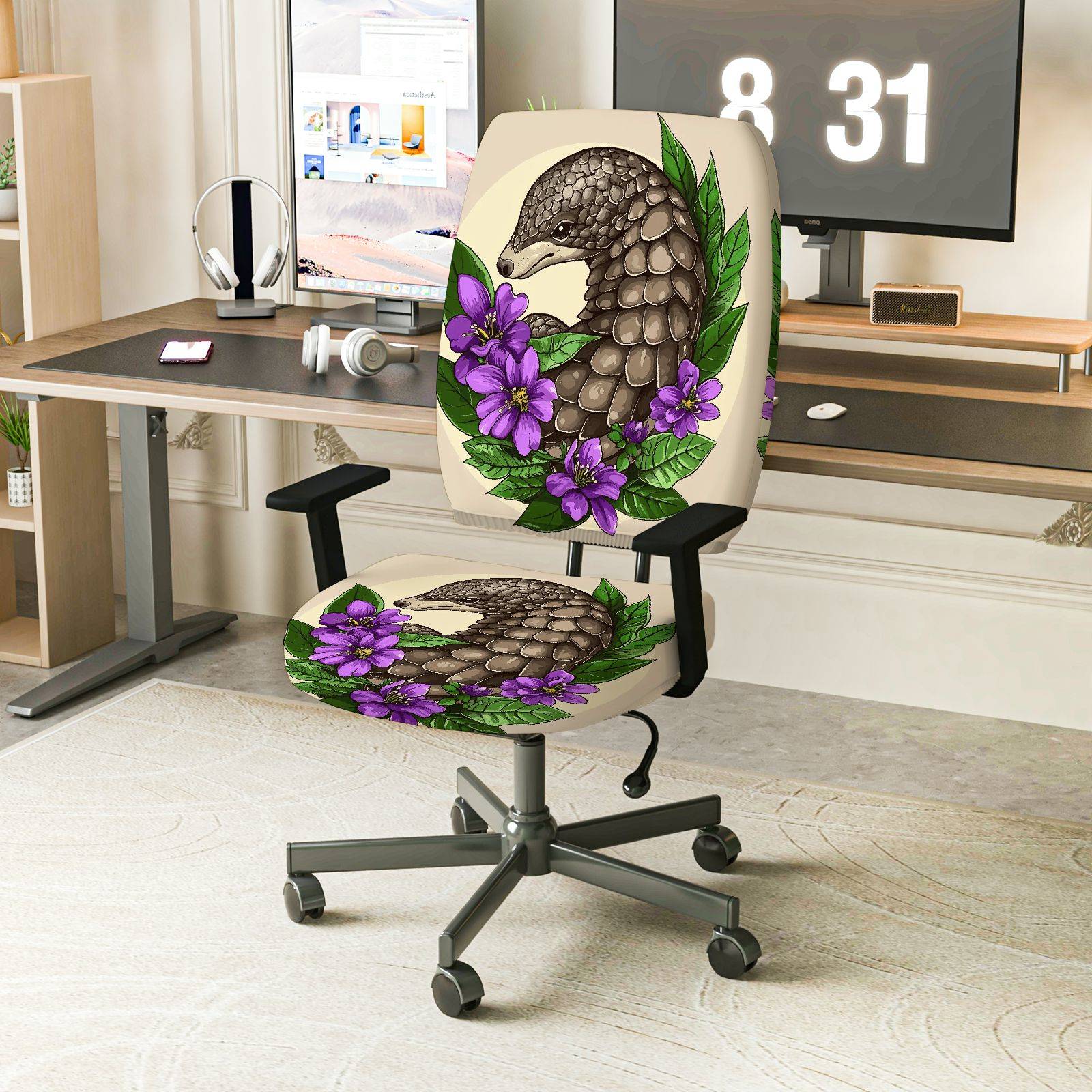 2-Piece Animal Floral Artistic Decorative  Computer Chair Cover Set, Seat and Backrest