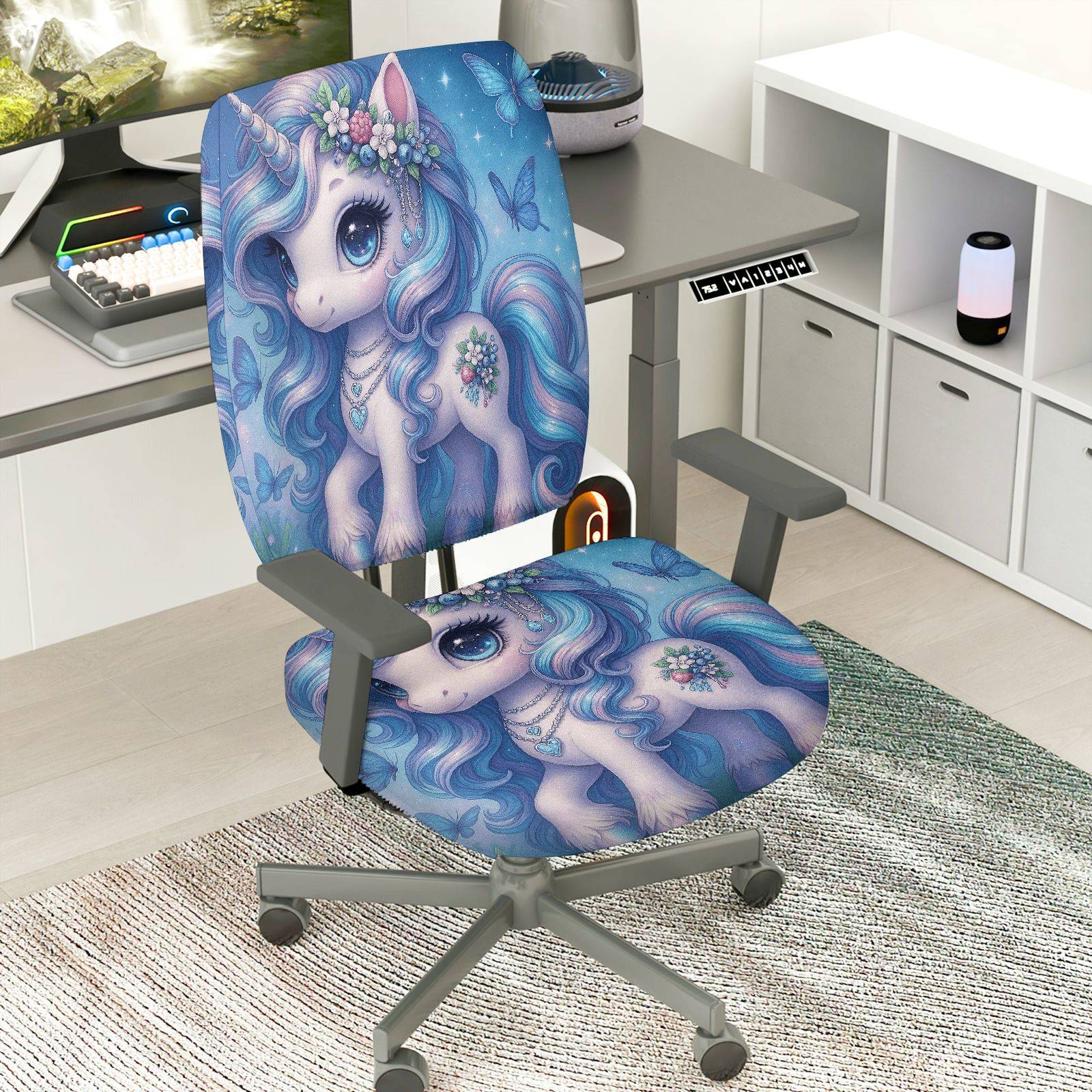 2-Piece Magical Unicorn Fantasy Butterfly Flower Glitter  Computer Chair Cover Set, Seat and Backrest