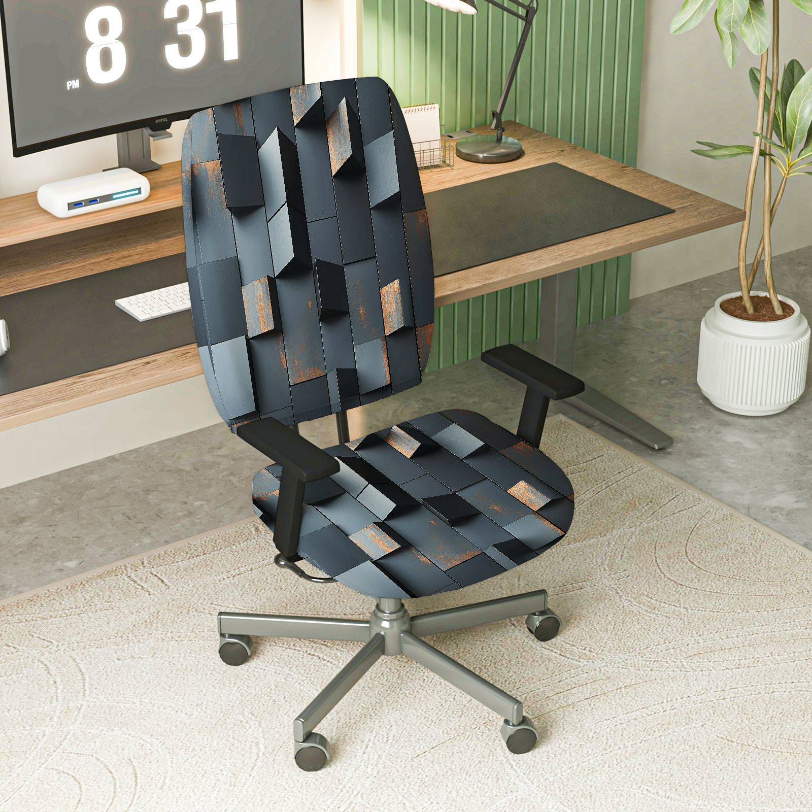 2-Piece Modern Geometric Pattern Dark Tone  Computer Chair Cover Set, Seat and Backrest