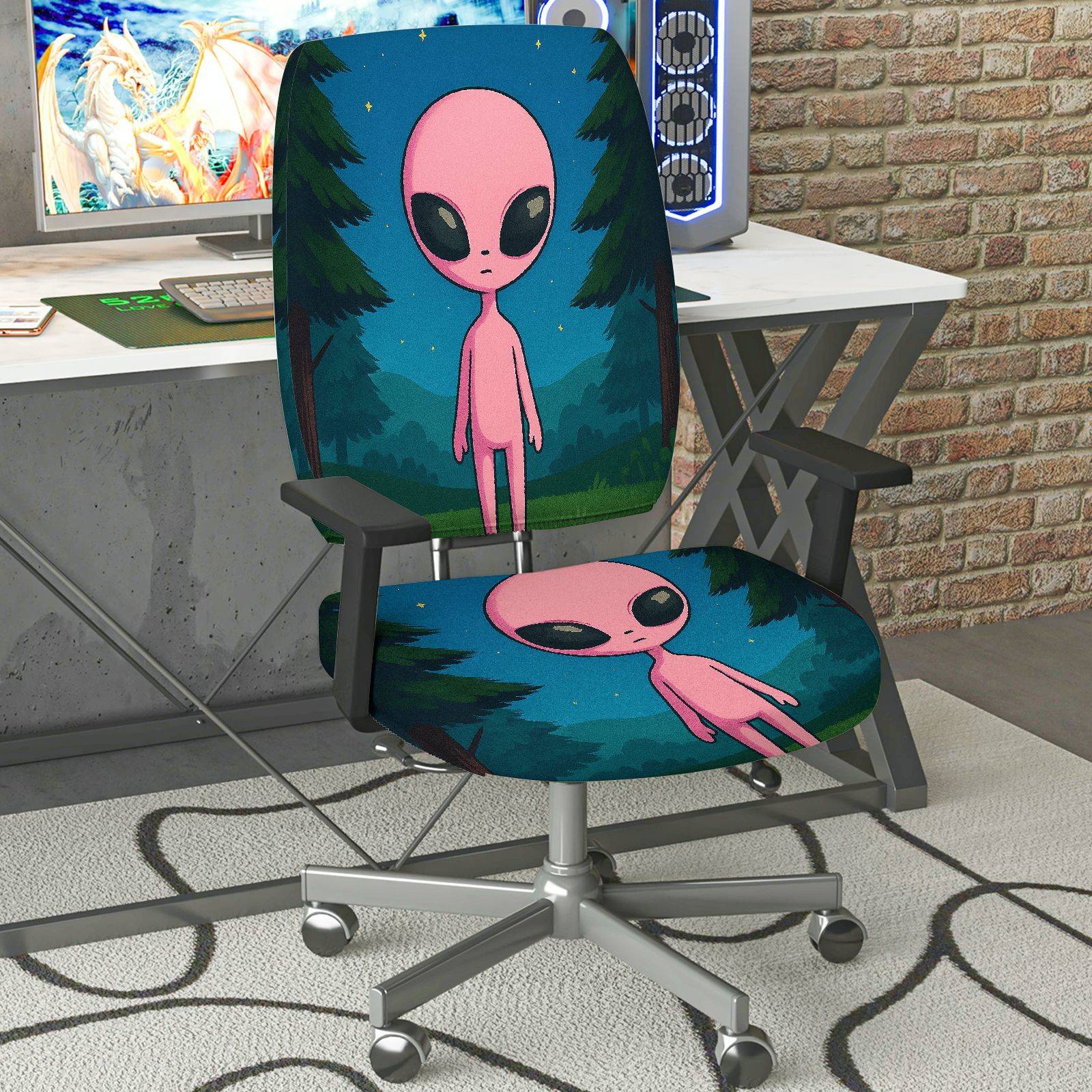 2-Piece Alien Forest Galaxy Starry Night Pink  Computer Chair Cover Set, Seat and Backrest