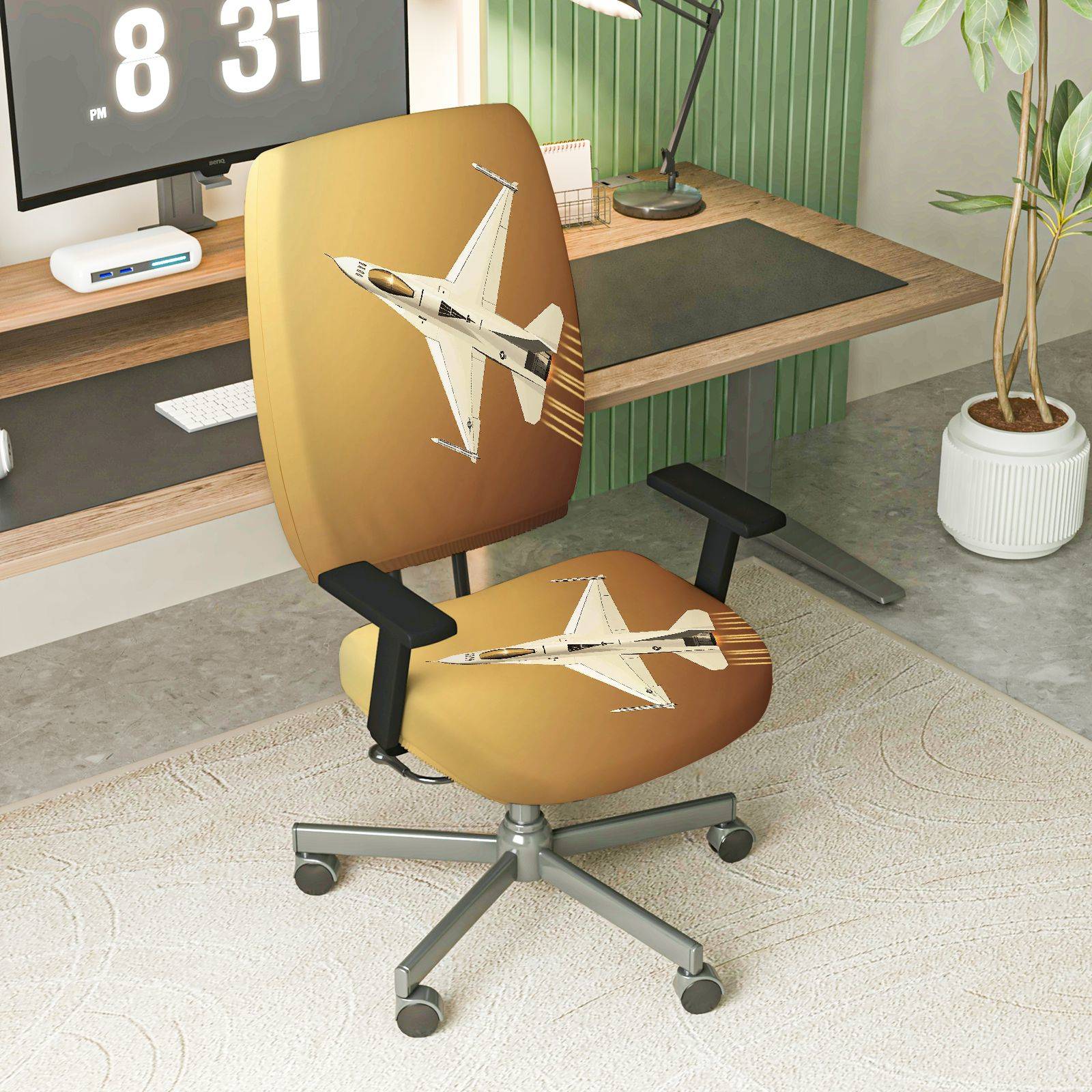 2-Piece Aviation Fighter Jet Airplane Pattern Gold Modern Cool  Computer Chair Cover Set, Seat and Backrest