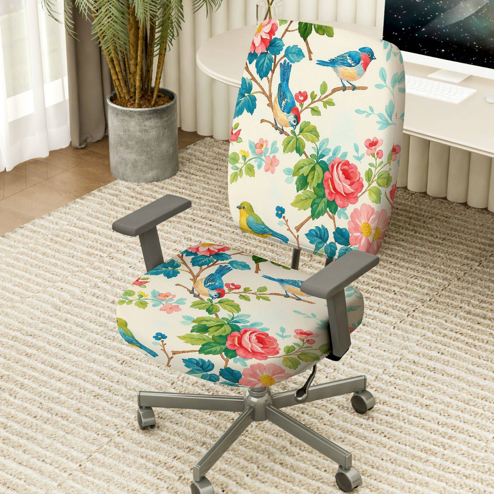 2-Piece Floral Bird Pattern Rose Spring Nature Garden  Computer Chair Cover Set, Seat and Backrest
