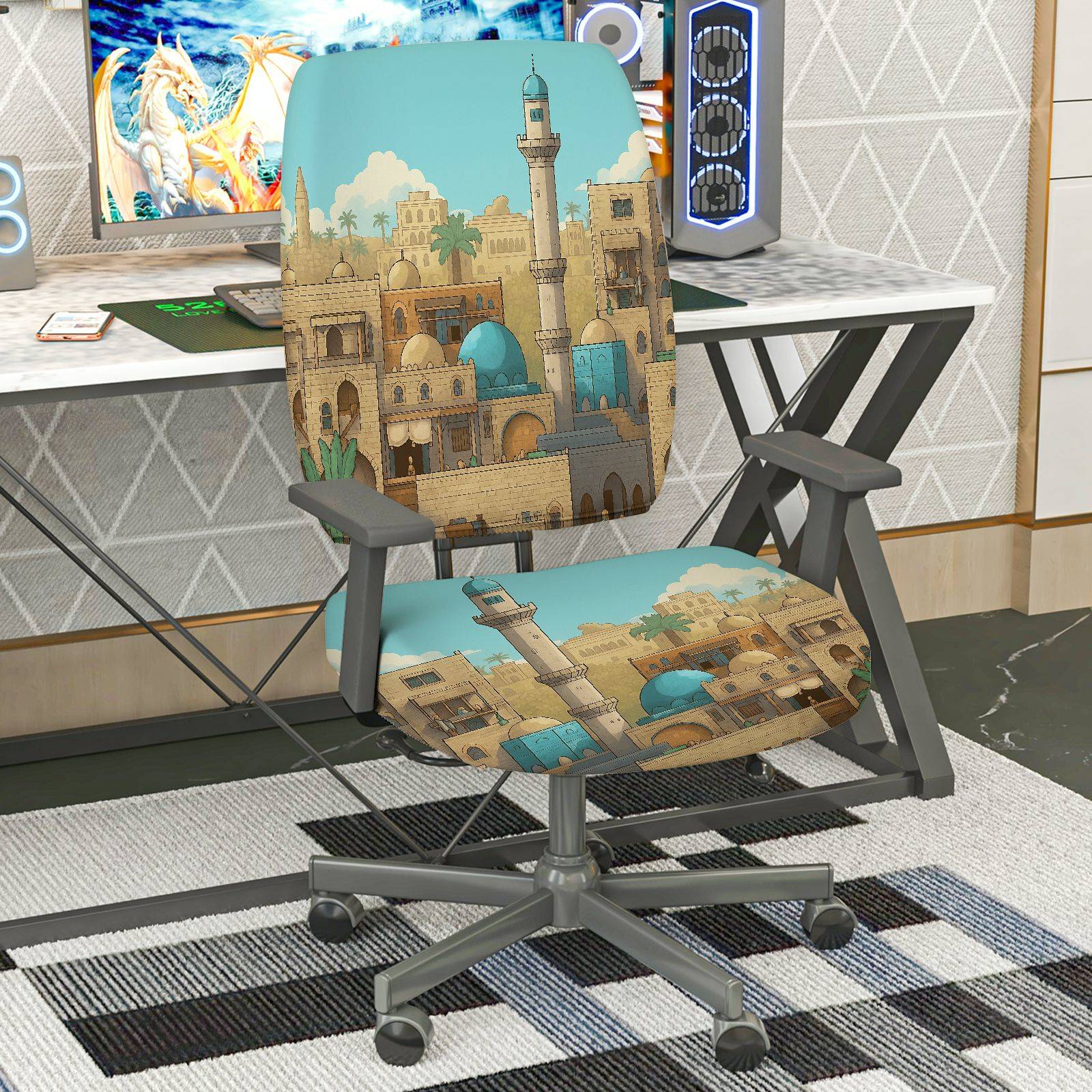 2-Piece Arabian mosque tower scenic pattern  Computer Chair Cover Set, Seat and Backrest