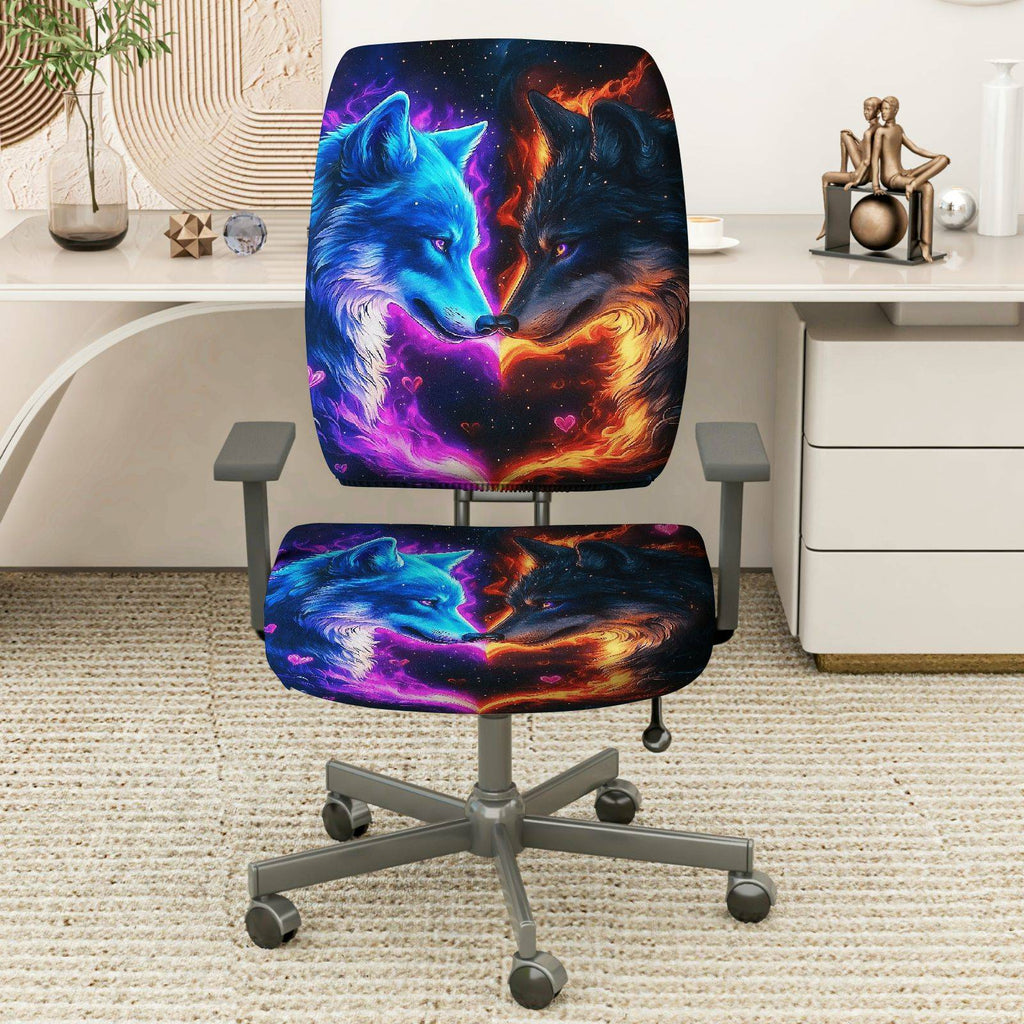 2-Piece Blue Red Wolf Galaxy Heart Creative Romance  Computer Chair Cover Set, Seat and Backrest