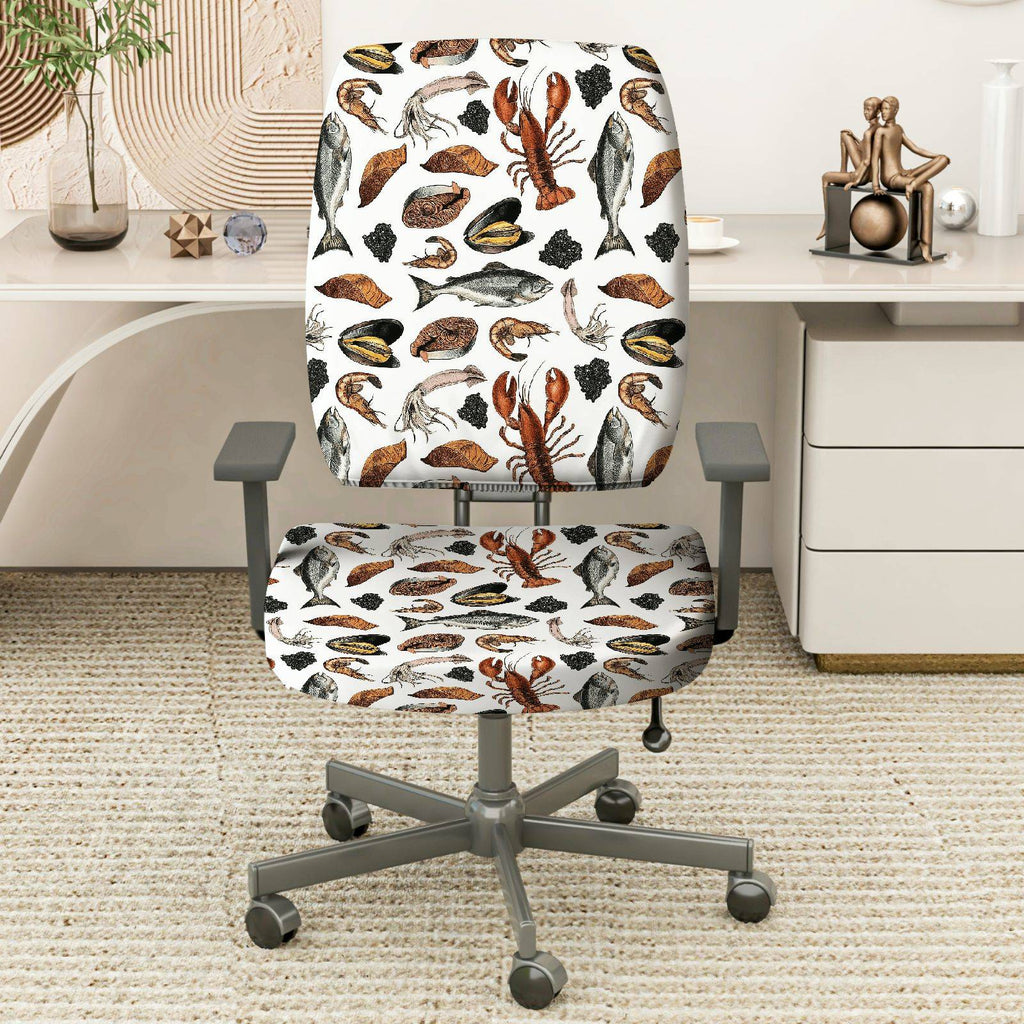 2-Piece Seafood Pattern Marine Theme Ocean Animal Coastal Style Nautical Design  Computer Chair Cover Set, Seat and Backrest