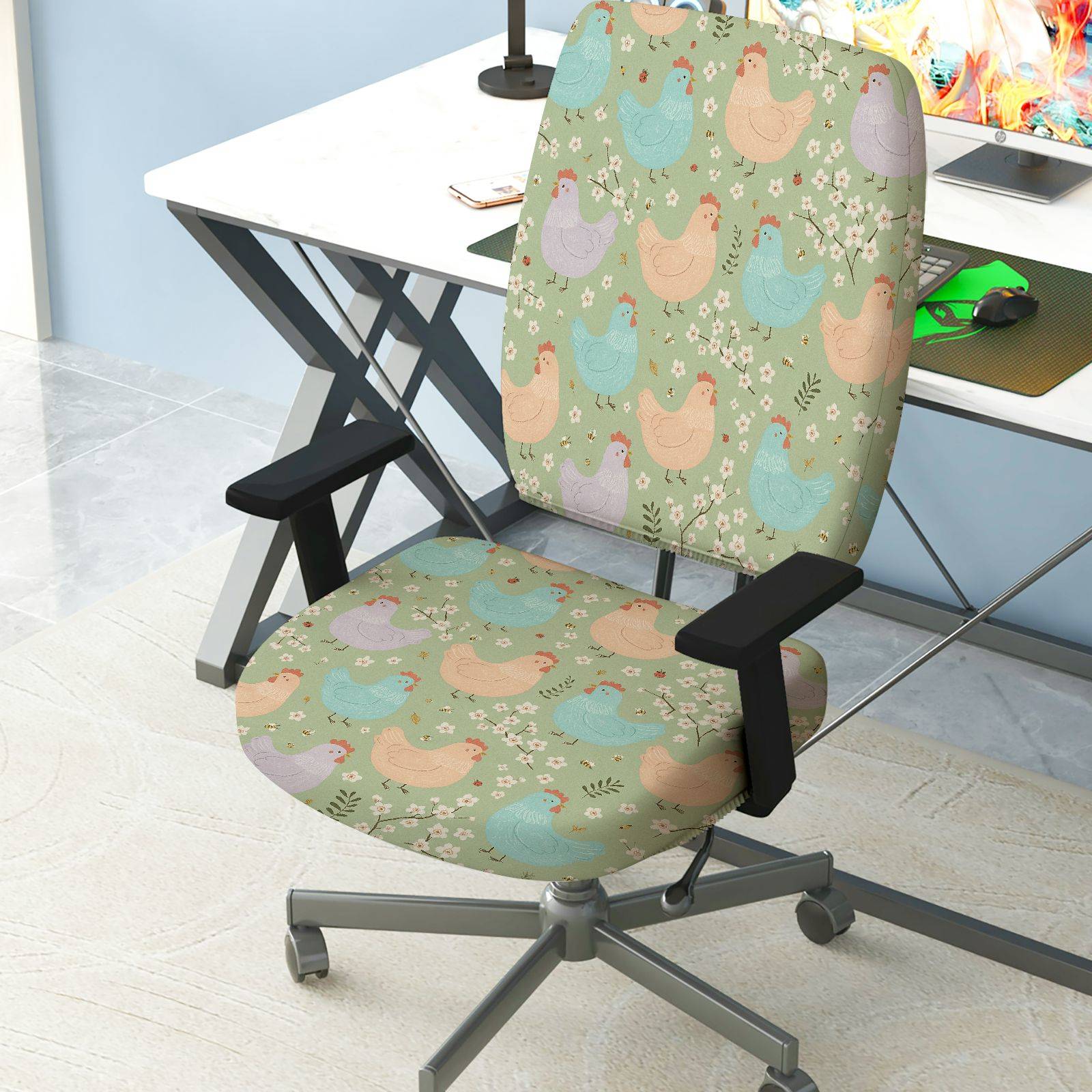 2-Piece Animal Farm Chicken Green Floral  Computer Chair Cover Set, Seat and Backrest