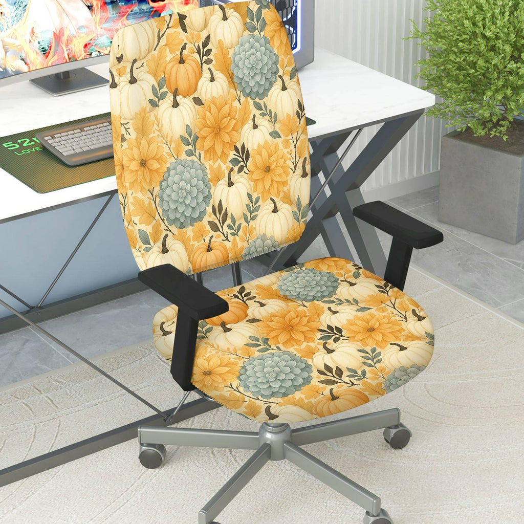 2-Piece Autumn Thanksgiving Floral Pumpkin Succulent  Computer Chair Cover Set, Seat and Backrest