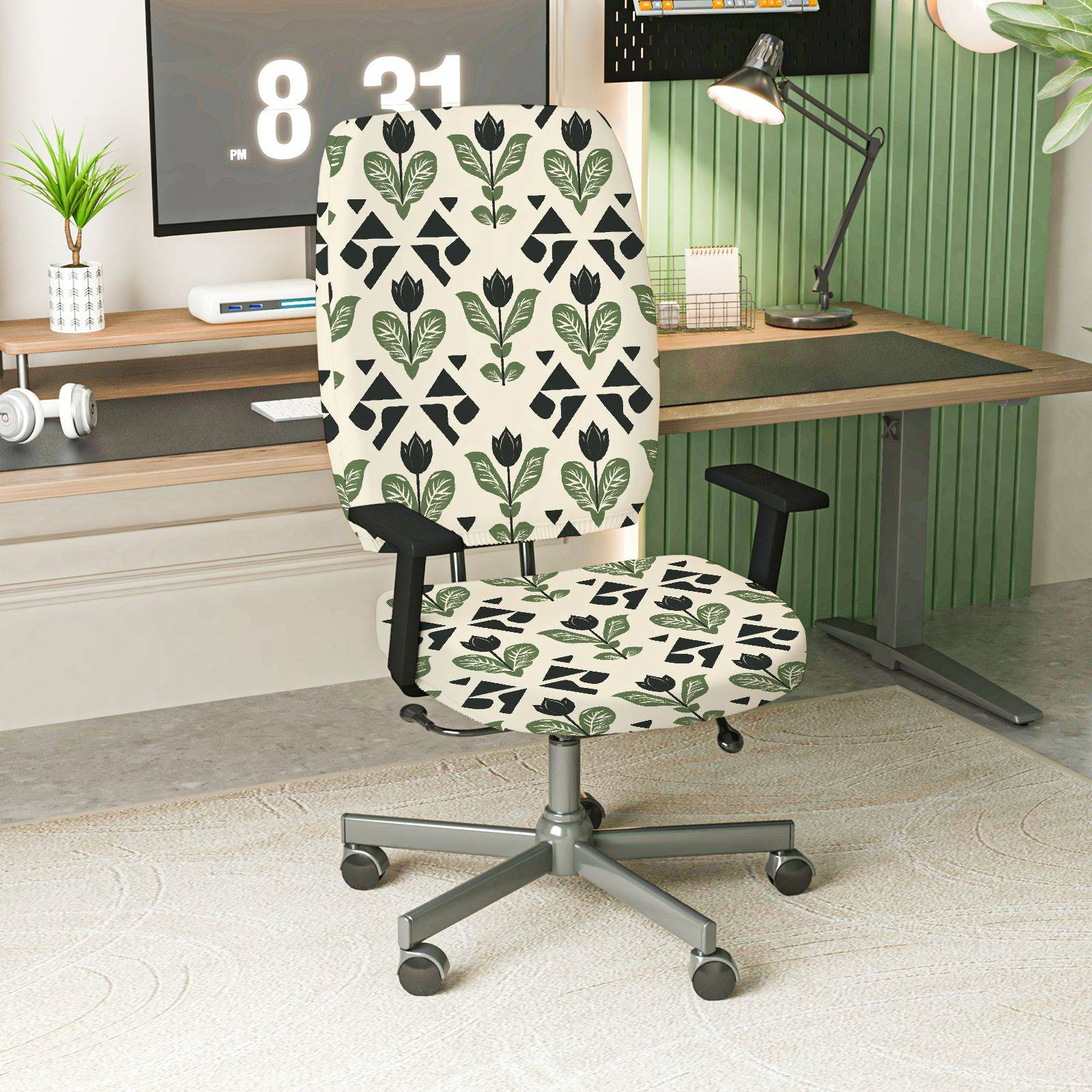2-Piece Floral Geometric Green Leaf Pattern  Computer Chair Cover Set, Seat and Backrest