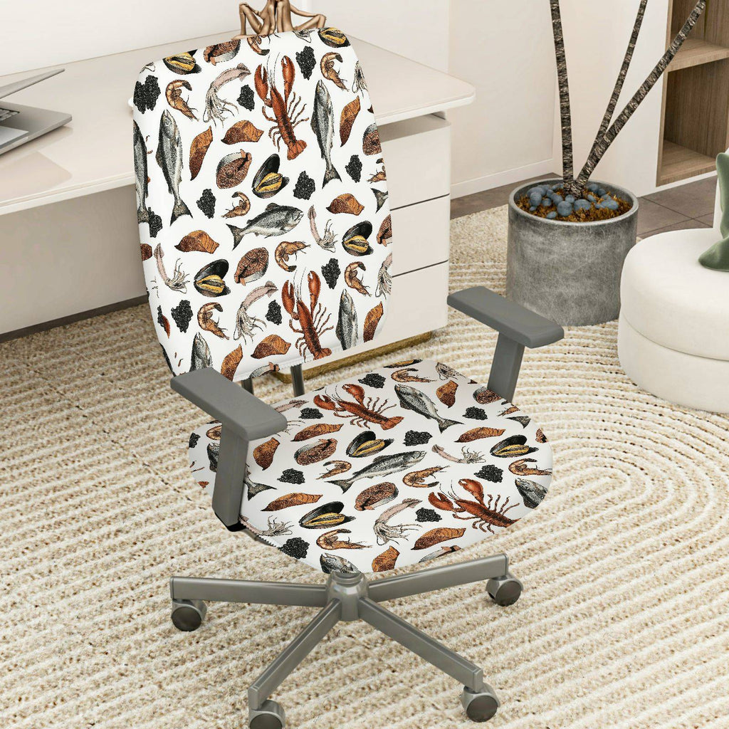 2-Piece Seafood Pattern Marine Theme Ocean Animal Coastal Style Nautical Design  Computer Chair Cover Set, Seat and Backrest