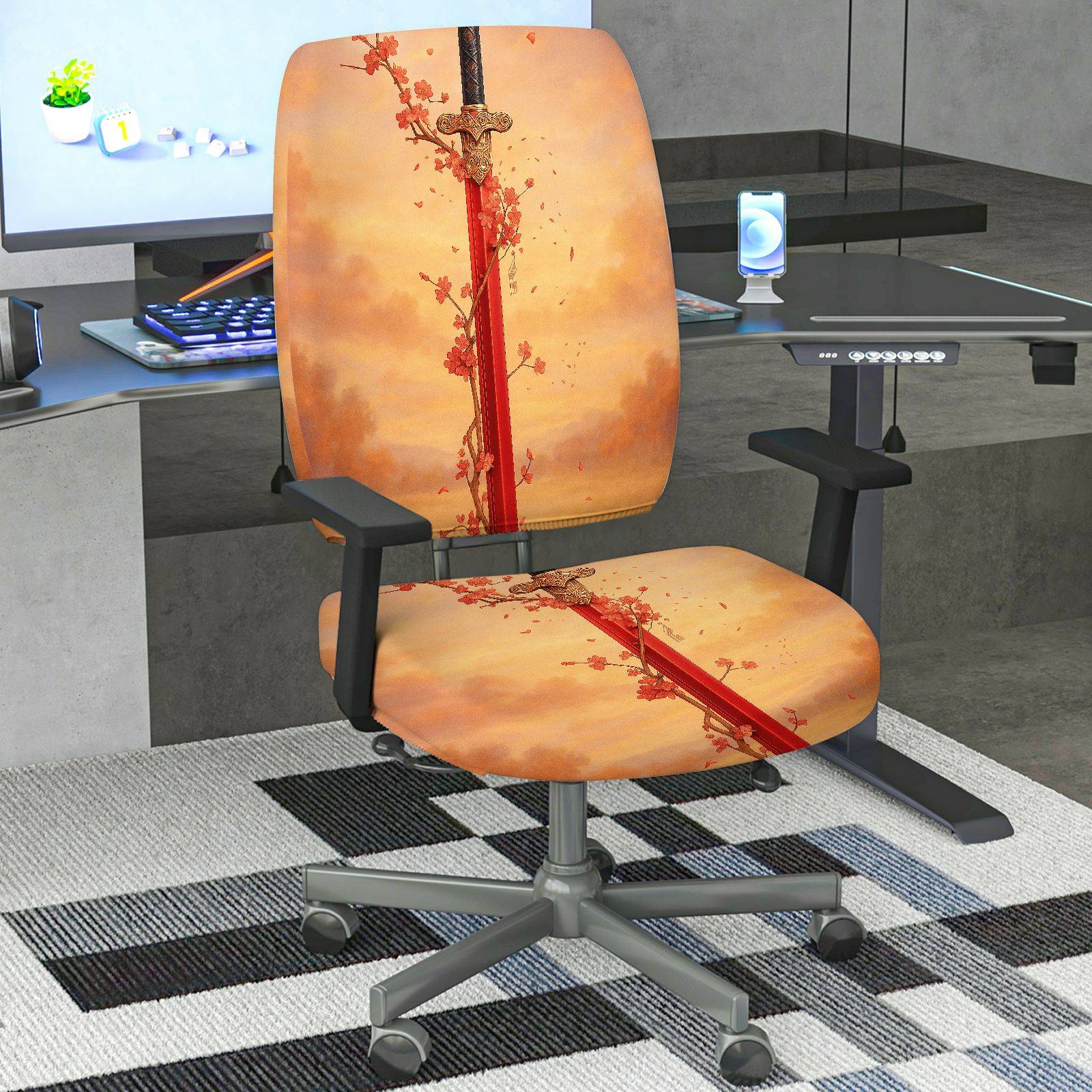 2-Piece Autumn Butterfly Zipper Floral Orange  Computer Chair Cover Set, Seat and Backrest