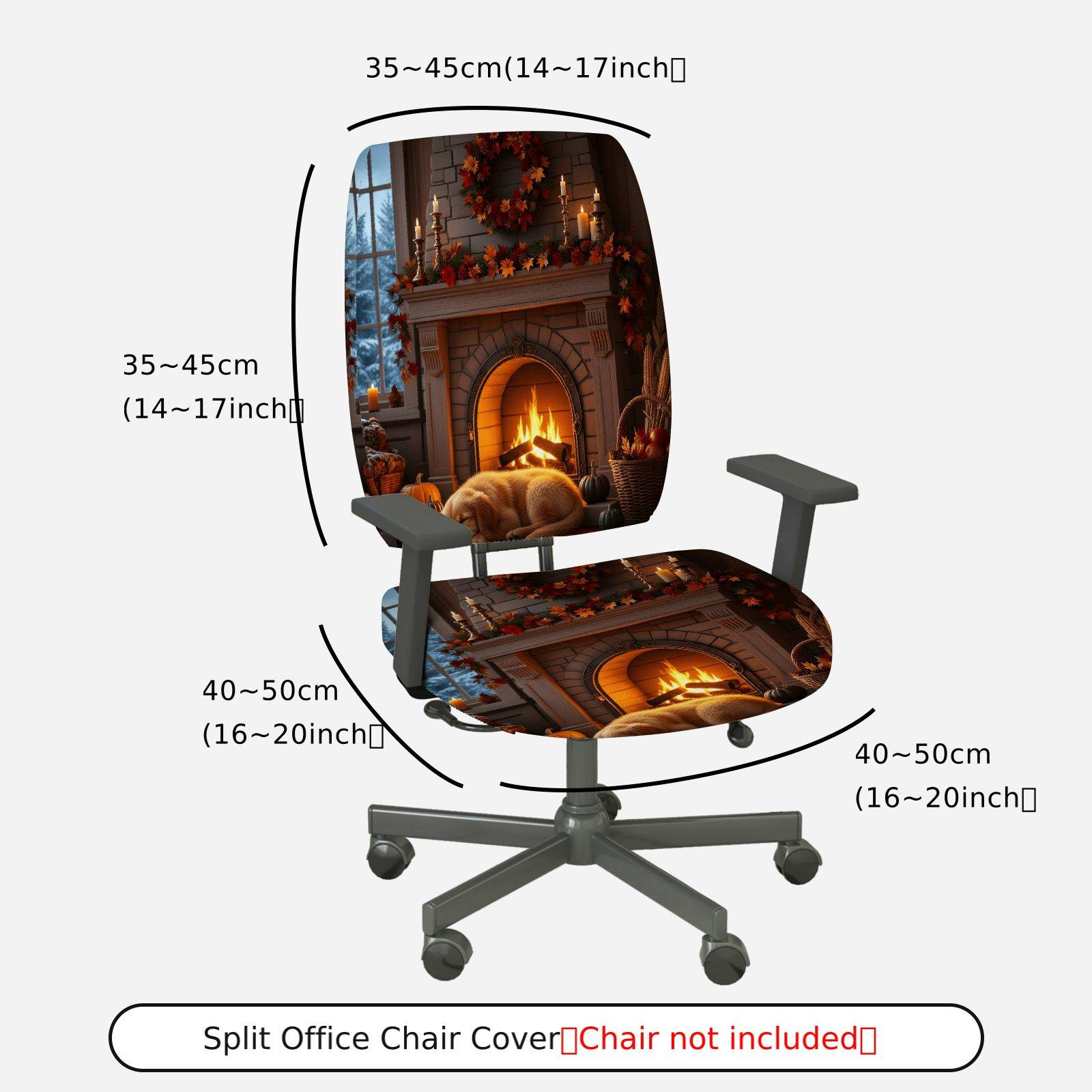 2-Piece Autumn Fireplace Warm Cozy Seasonal Decorative  Computer Chair Cover Set, Seat and Backrest