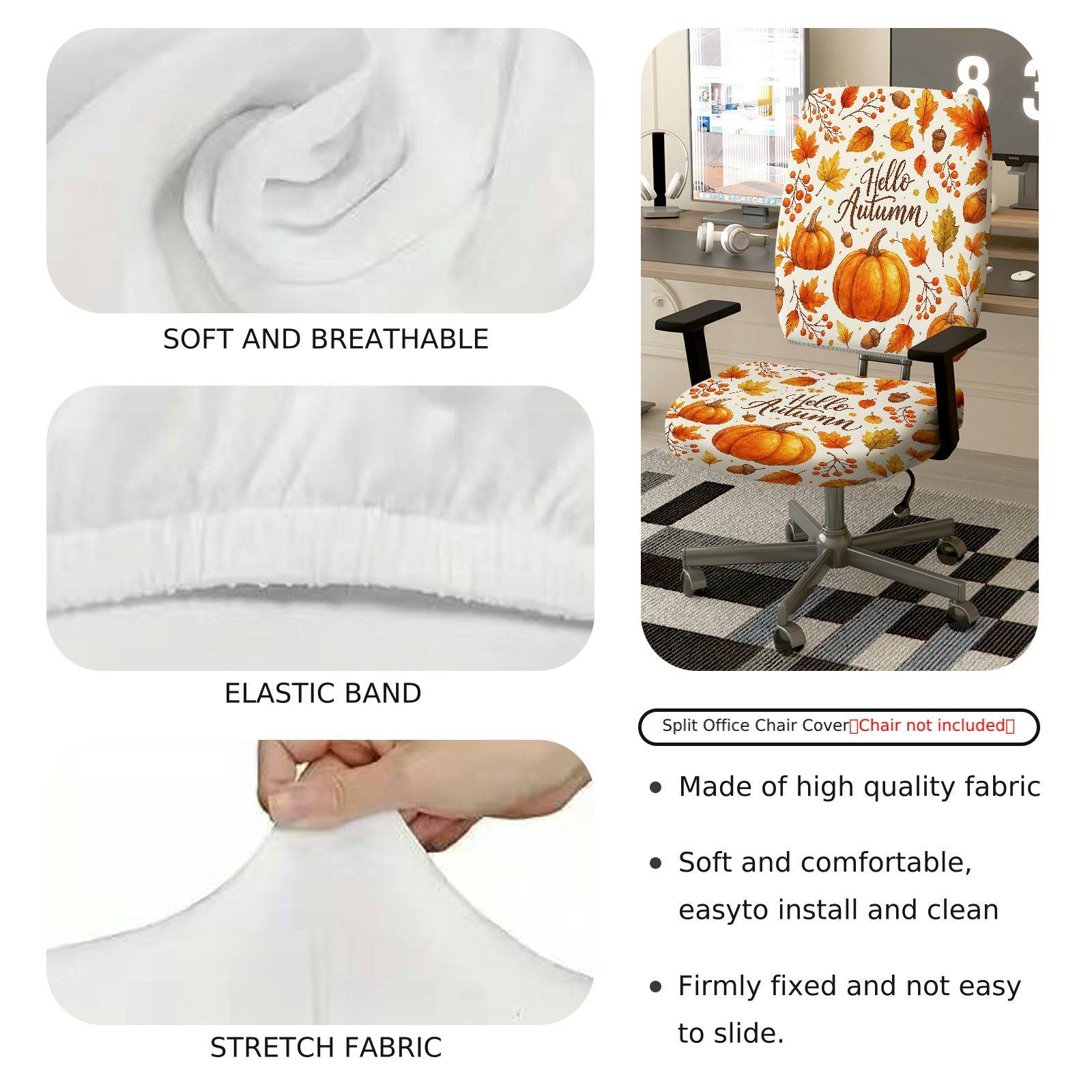 2-Piece Autumn Pumpkin Maple Leaves Acorn Fall  Computer Chair Cover Set, Seat and Backrest