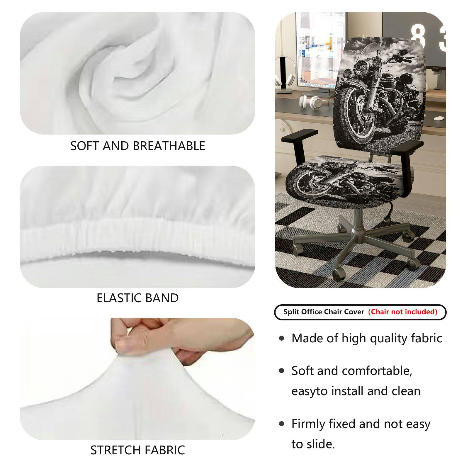 2-Piece Motorcycle Vintage Black and White Artistic Pattern  Computer Chair Cover Set, Seat and Backrest