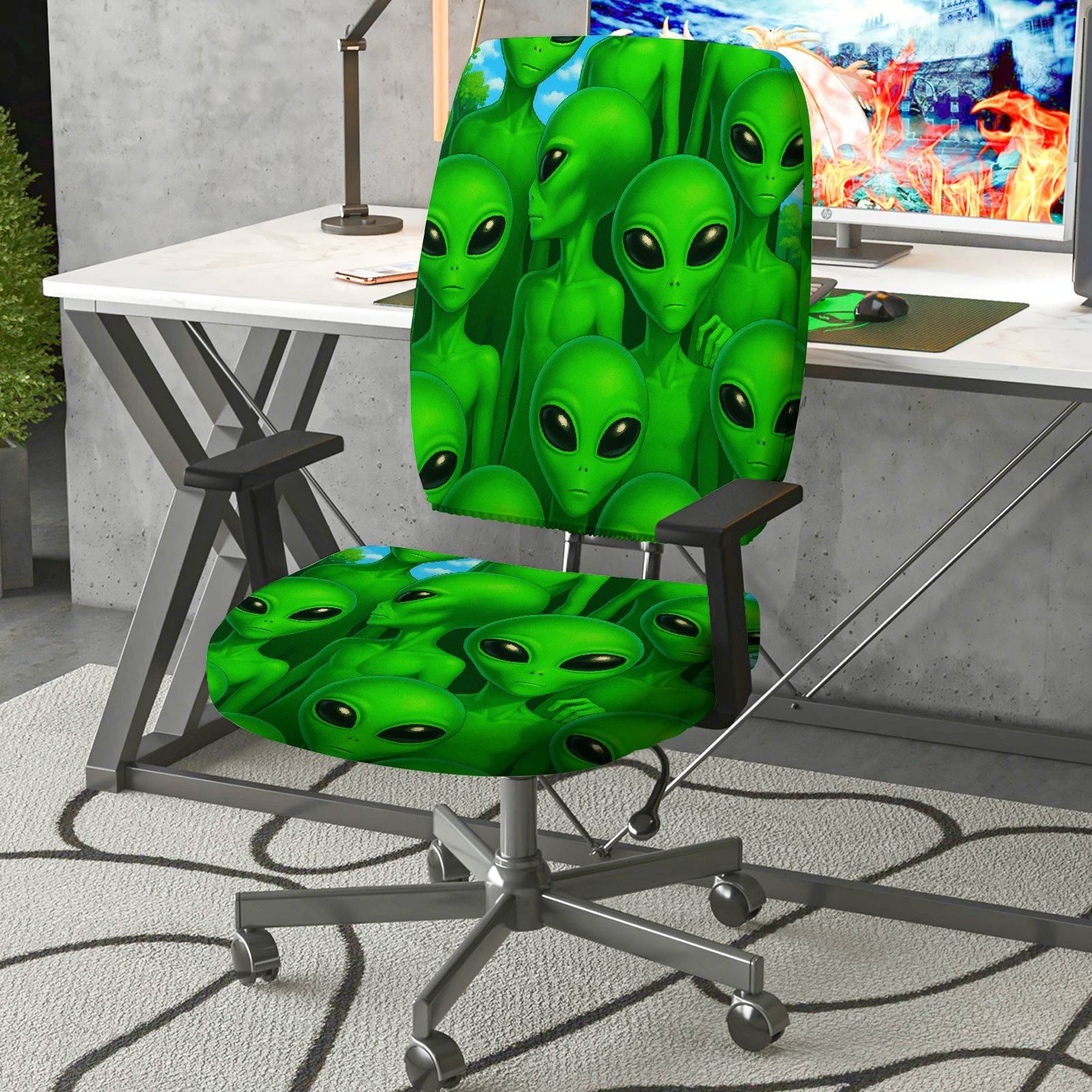 2-Piece Alien Green Sci-Fi Fun Novelty Decor  Computer Chair Cover Set, Seat and Backrest