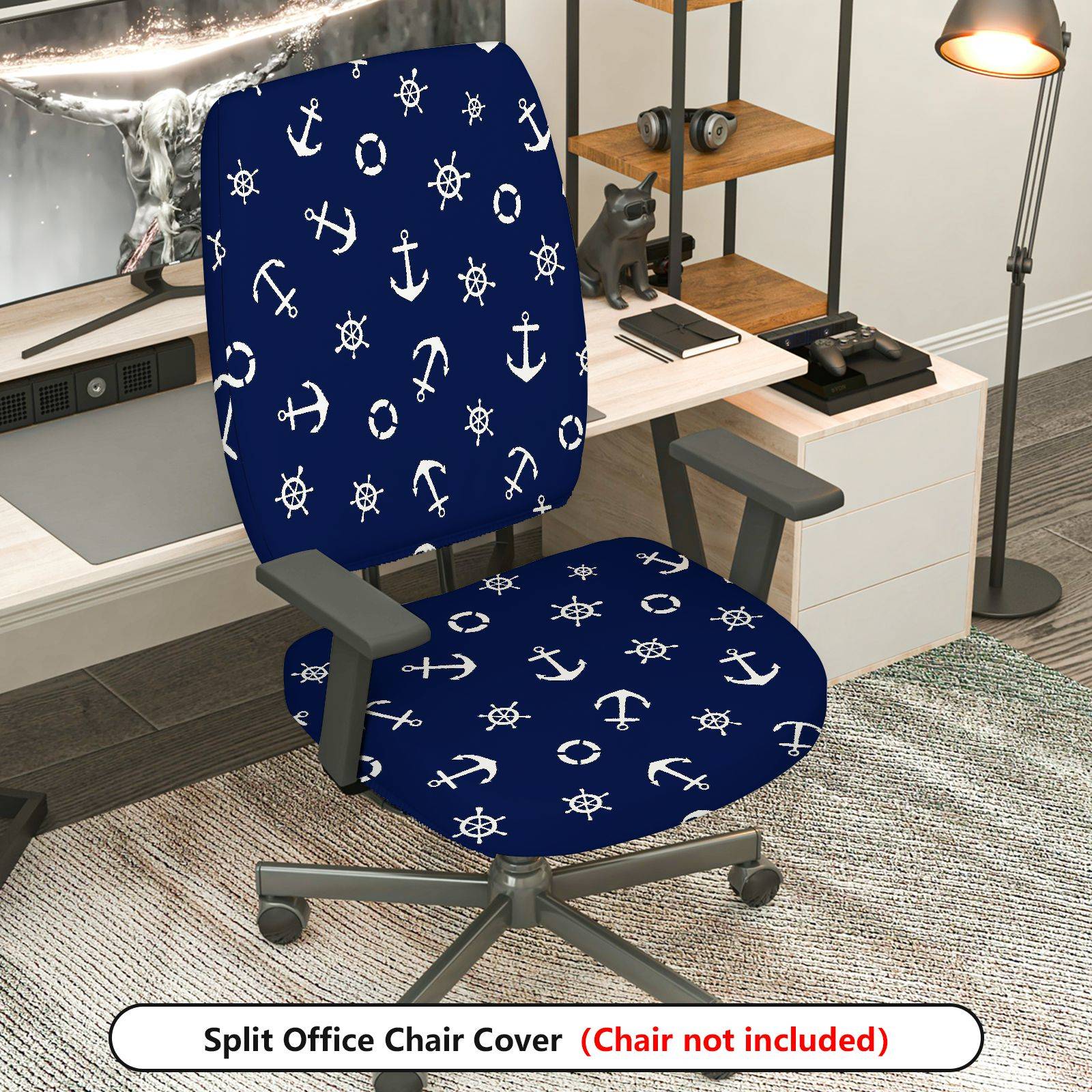 2-Piece Anchor Nautical Marine Ocean Ship  Computer Chair Cover Set, Seat and Backrest