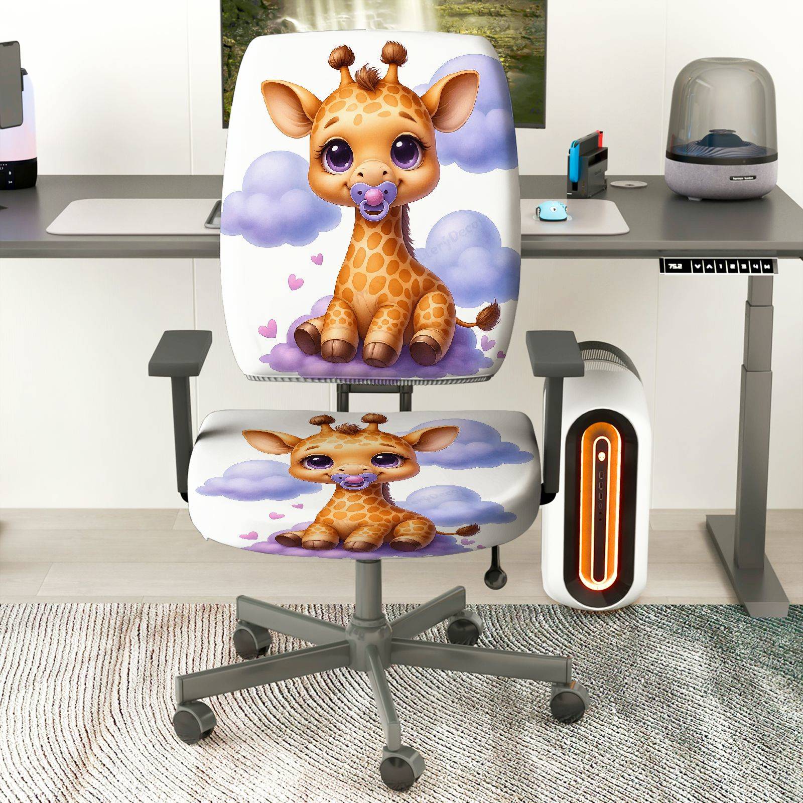 2-Piece Cute Giraffe Clouds Hearts Animal  Computer Chair Cover Set, Seat and Backrest