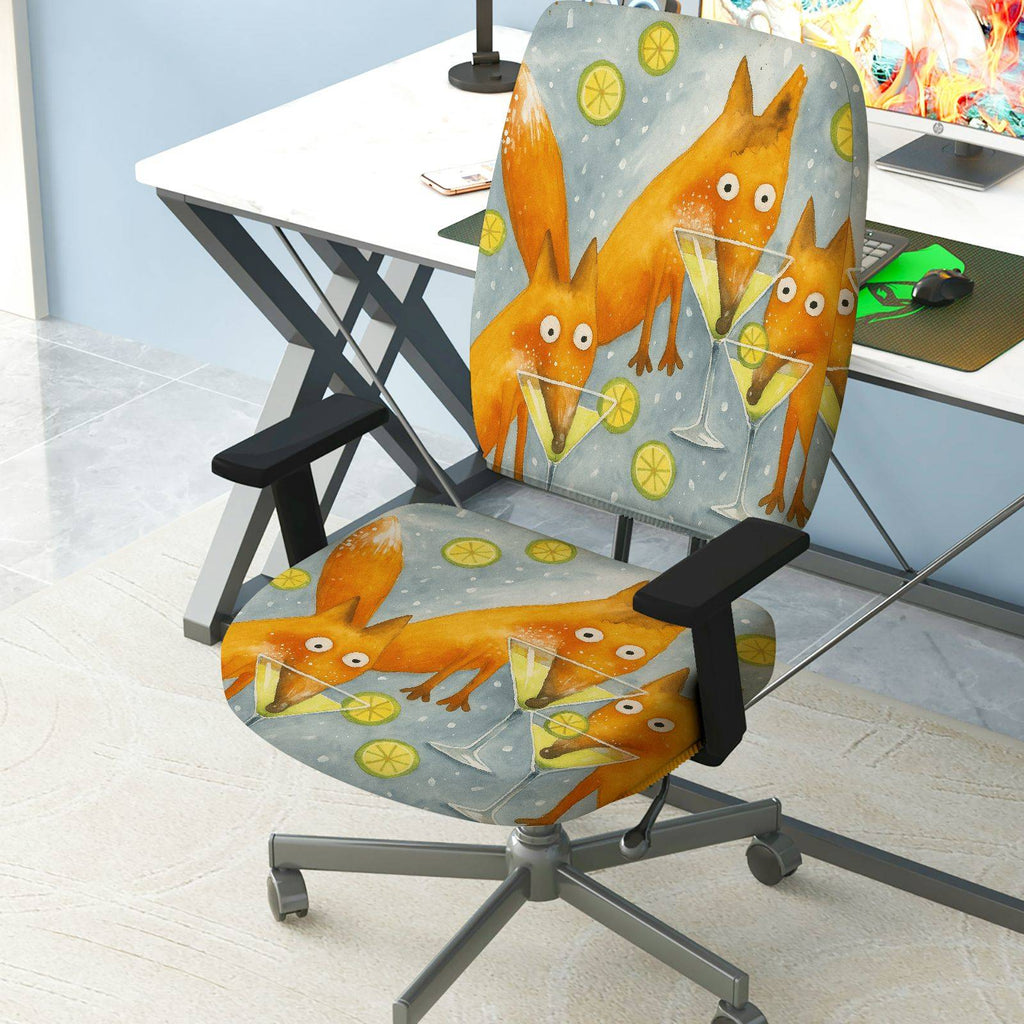 2-Piece Animal Fox Lemon Illustration  Computer Chair Cover Set, Seat and Backrest
