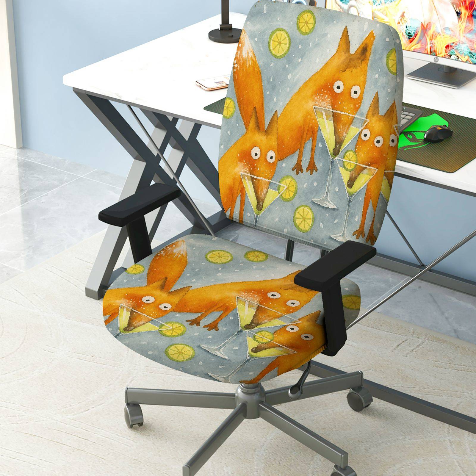 2-Piece Animal Fox Lemon Illustration  Computer Chair Cover Set, Seat and Backrest