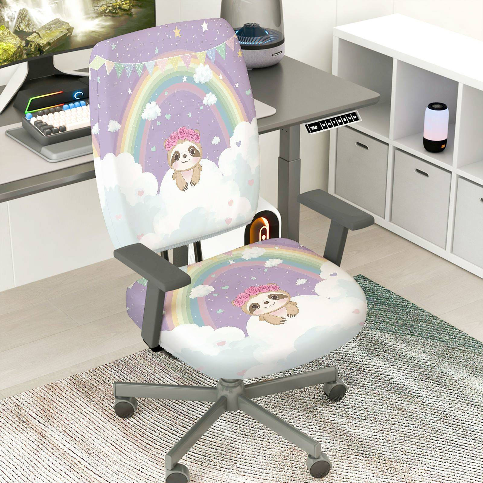 2-Piece Adorable Sloth Rainbow Cloud Cute Dreamy  Computer Chair Cover Set, Seat and Backrest
