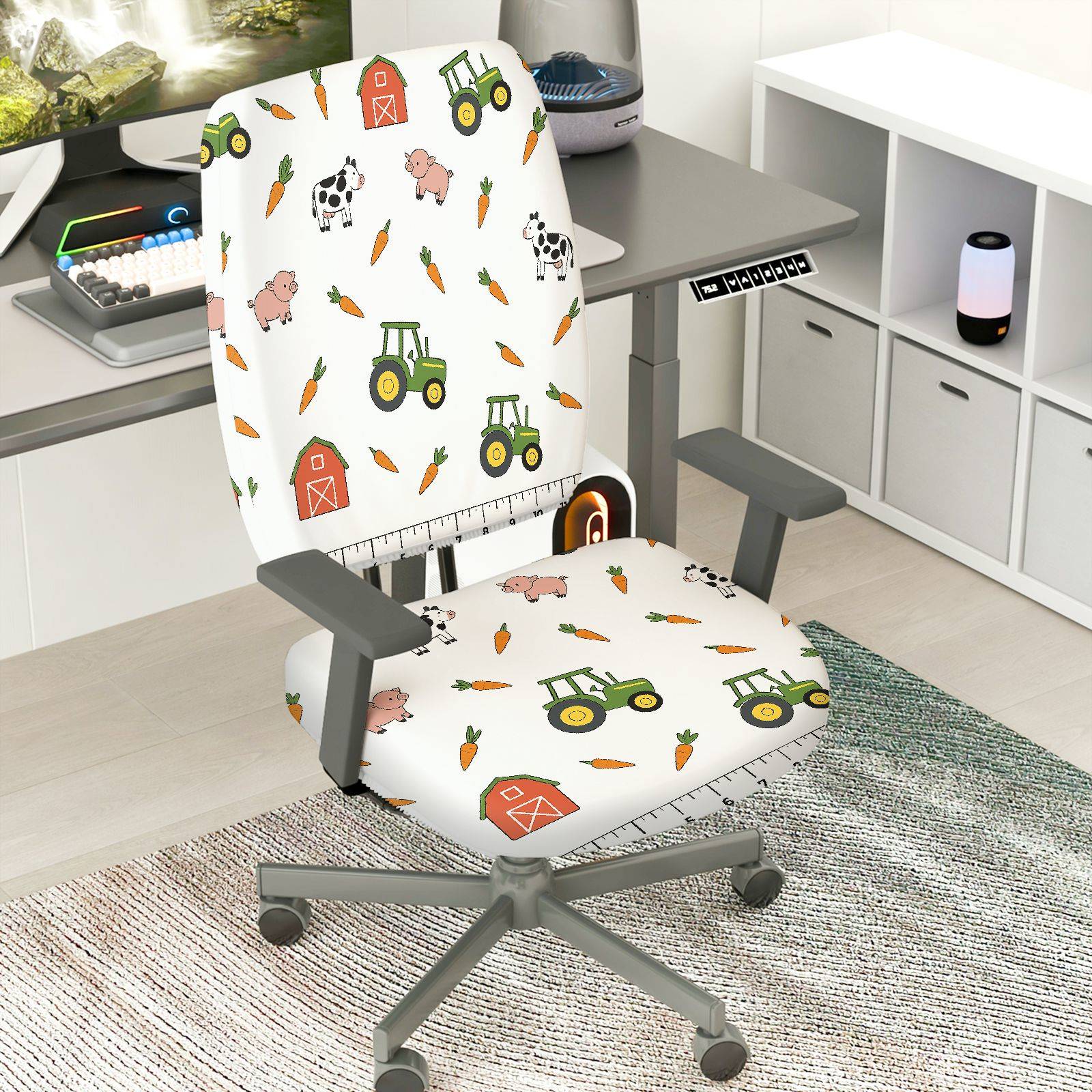 2-Piece Farm Animal Truck Barn Carrot Tractor  Computer Chair Cover Set, Seat and Backrest