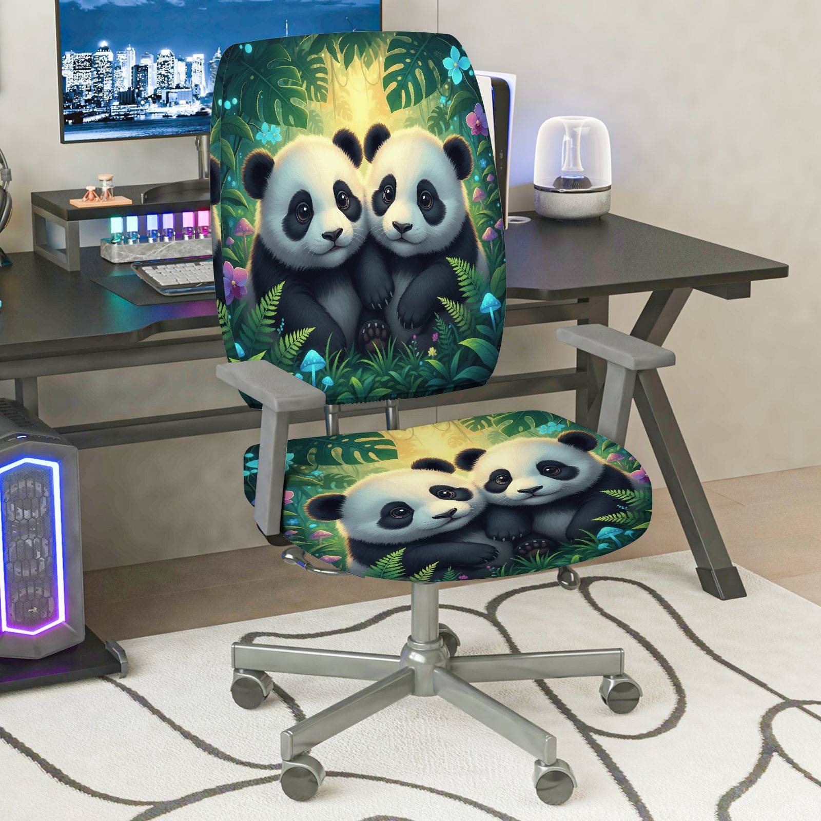 2-Piece Panda Green Jungle Nature Floral Animal  Computer Chair Cover Set, Seat and Backrest
