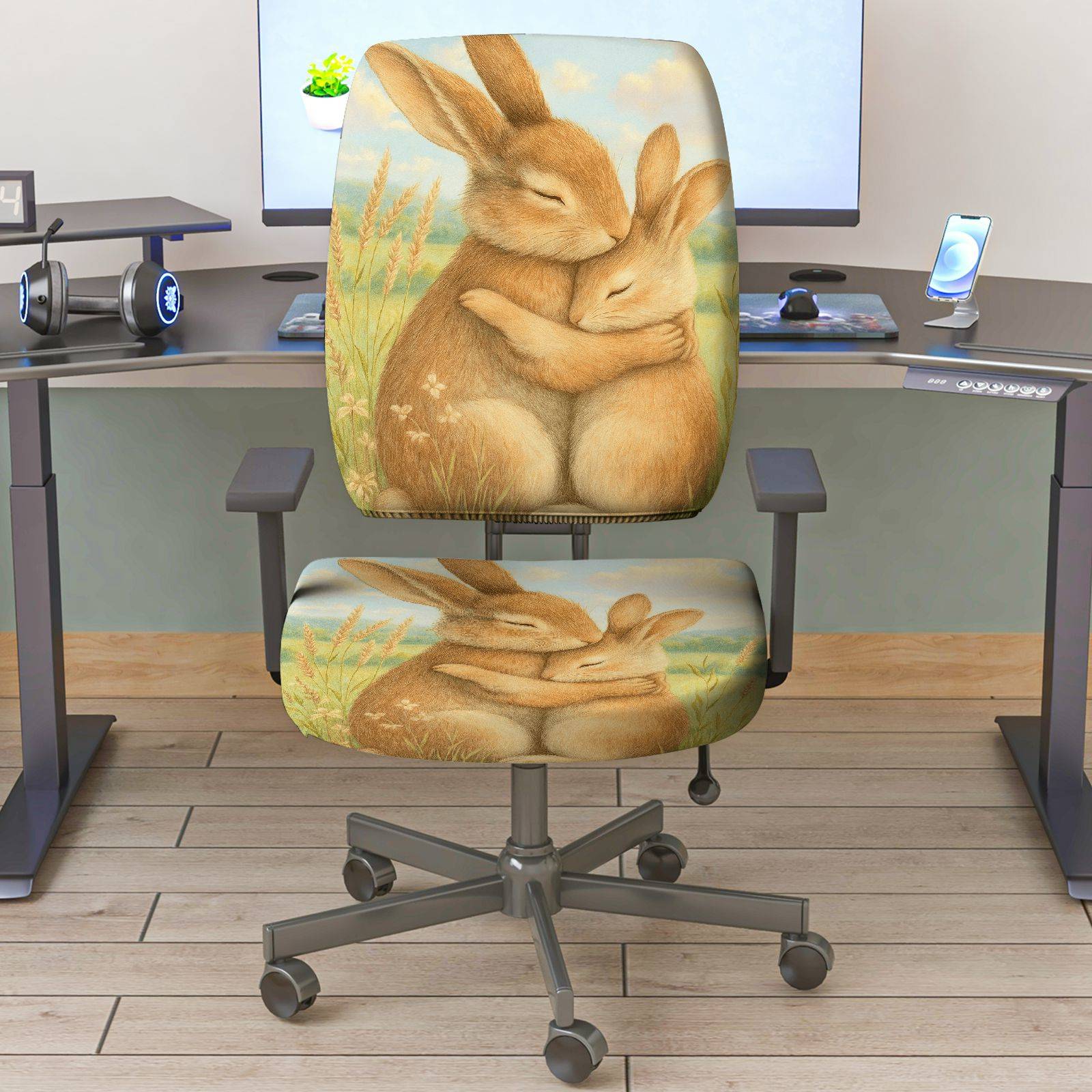 2-Piece Lovely Animal Bunny Hug Pastoral Art  Computer Chair Cover Set, Seat and Backrest