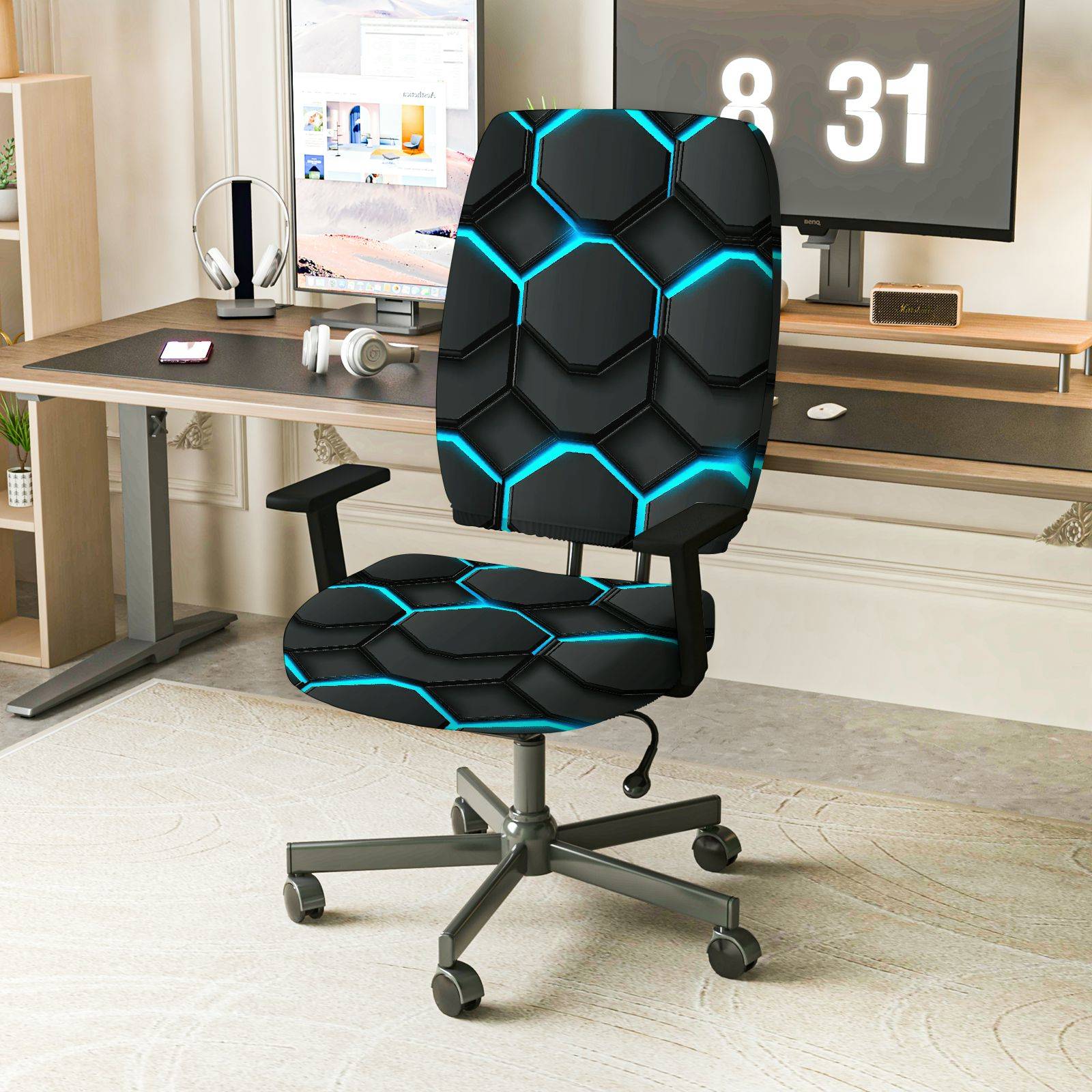 2-Piece Geometric Modern Futuristic Hexagonal Luminous  Computer Chair Cover Set, Seat and Backrest
