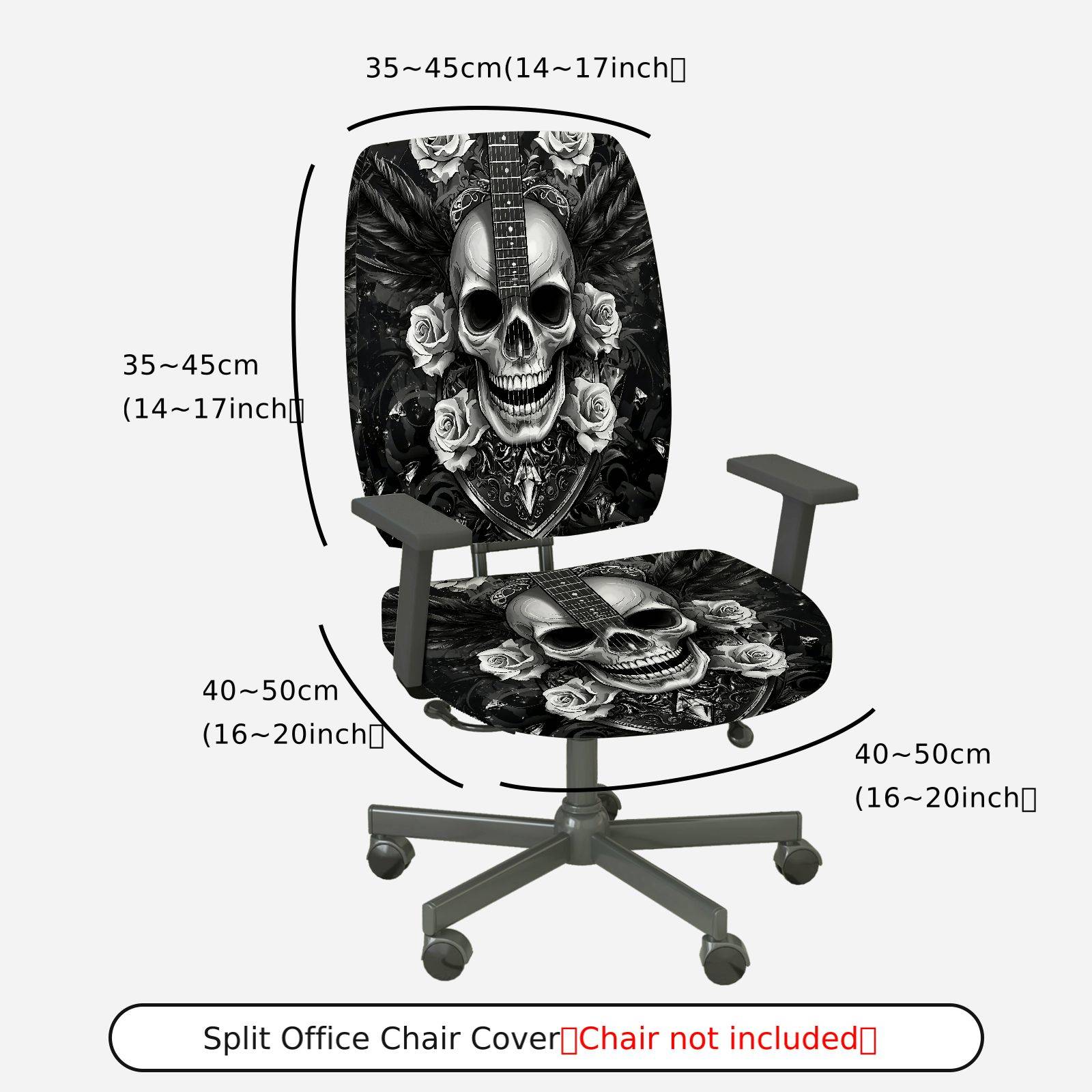 2-Piece Gothic Rose Guitar Black White Printed  Computer Chair Cover Set, Seat and Backrest