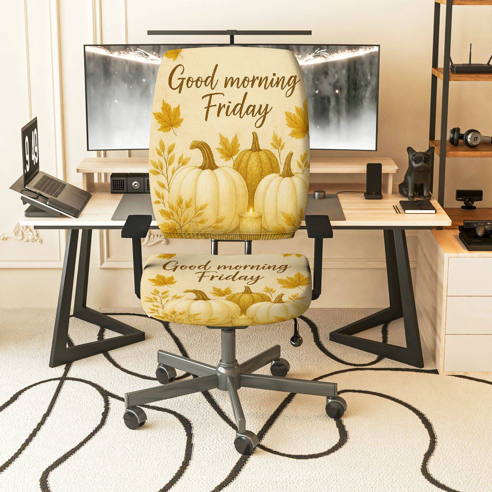 2-Piece Autumn Pumpkin Maple Friday Thanksgiving  Computer Chair Cover Set, Seat and Backrest