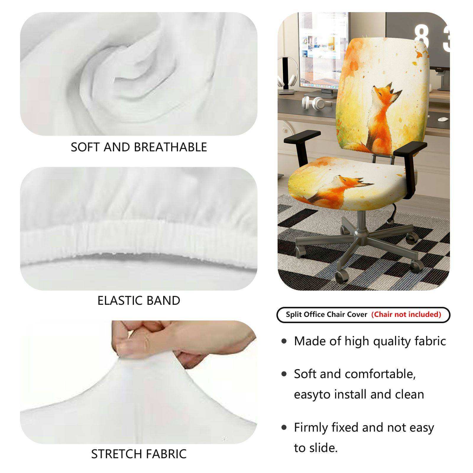 2-Piece Fox Pattern Design Art Animal  Computer Chair Cover Set, Seat and Backrest