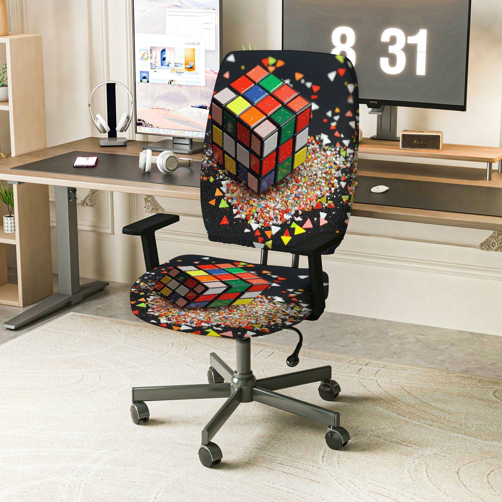 2-Piece Colorful Geometric Fun Vibrant Creative Puzzle  Computer Chair Cover Set, Seat and Backrest