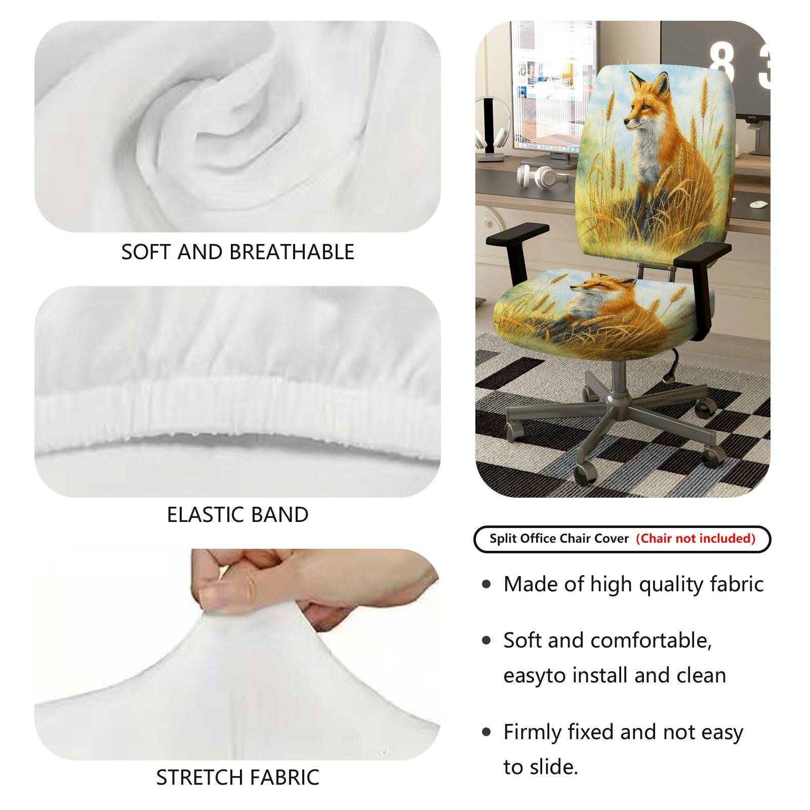 2-Piece Animal Nature Landscape Fox Grass  Computer Chair Cover Set, Seat and Backrest