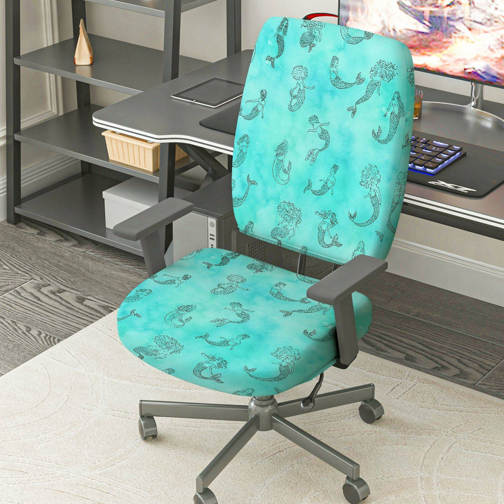 2-Piece Aquatic Mermaid Turquoise Decorative  Computer Chair Cover Set, Seat and Backrest