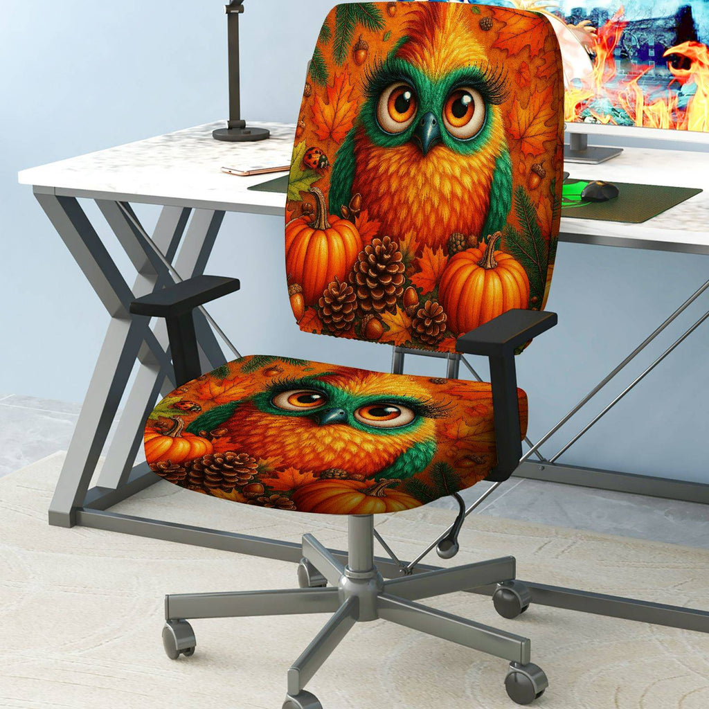 2-Piece Autumn Owl Pumpkin Pinecone Leaf  Computer Chair Cover Set, Seat and Backrest