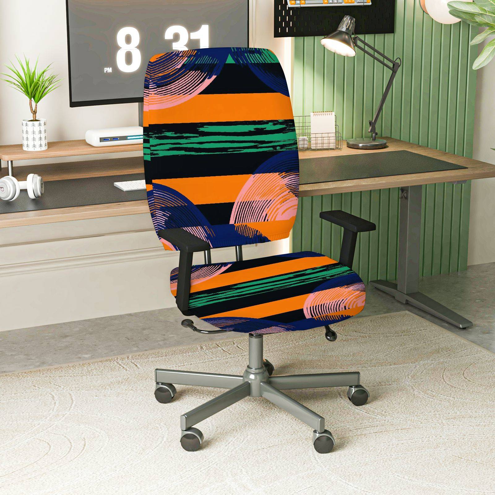 2-Piece Abstract Geometric Stripe Colorful Pattern  Computer Chair Cover Set, Seat and Backrest