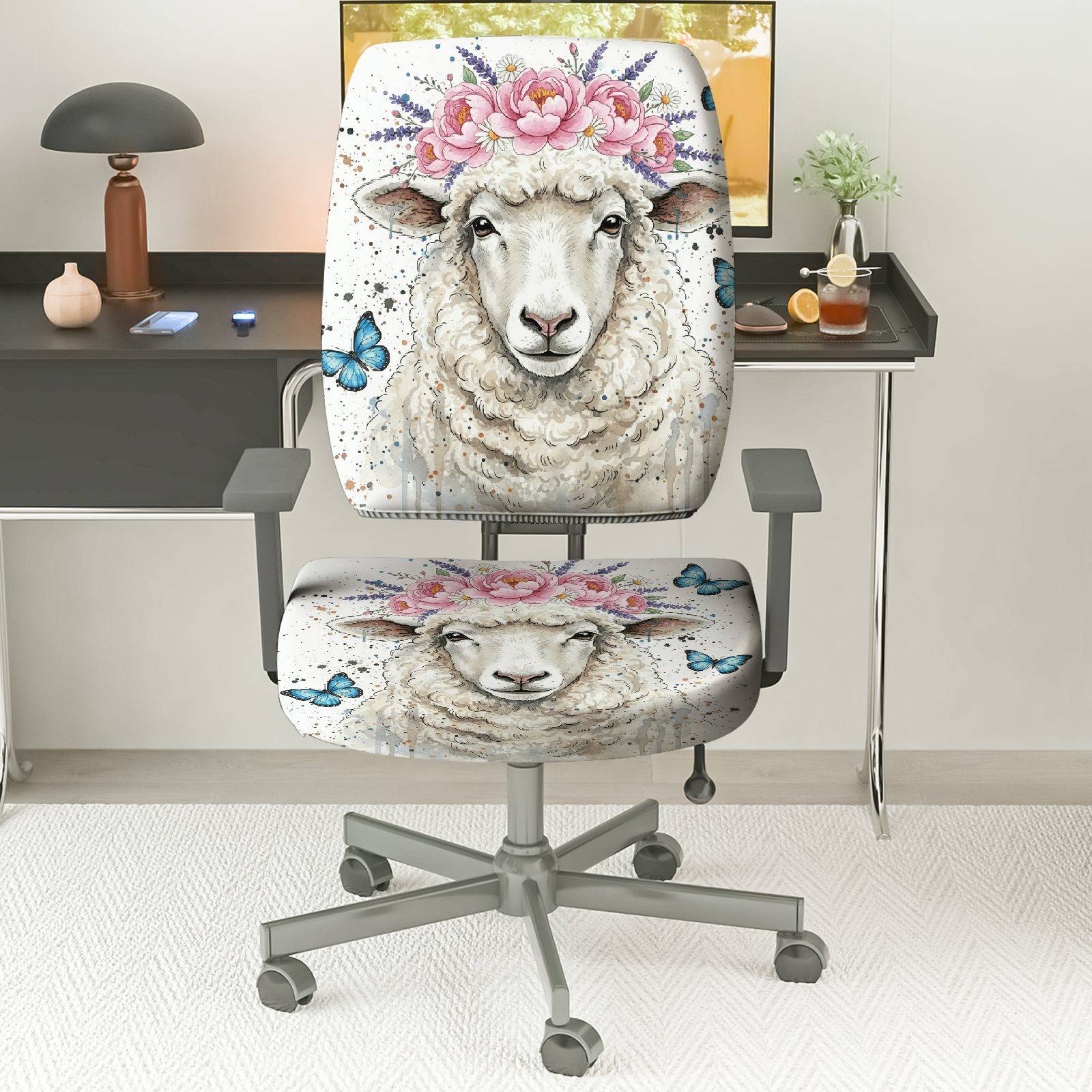 2-Piece Floral Animal Pastel Sheep Butterfly  Computer Chair Cover Set, Seat and Backrest