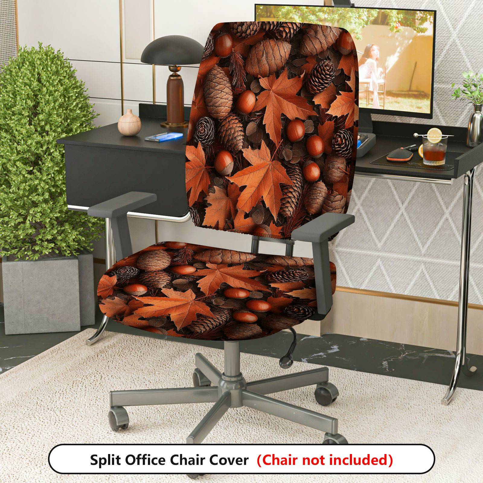 2-Piece Autumn Leaves Pinecones Acorns Seasonal Thanksgiving  Computer Chair Cover Set, Seat and Backrest