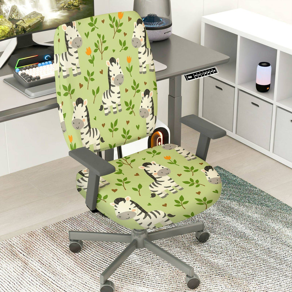 2-Piece Zebra Pattern Green Floral Fun Nature Animal  Computer Chair Cover Set, Seat and Backrest