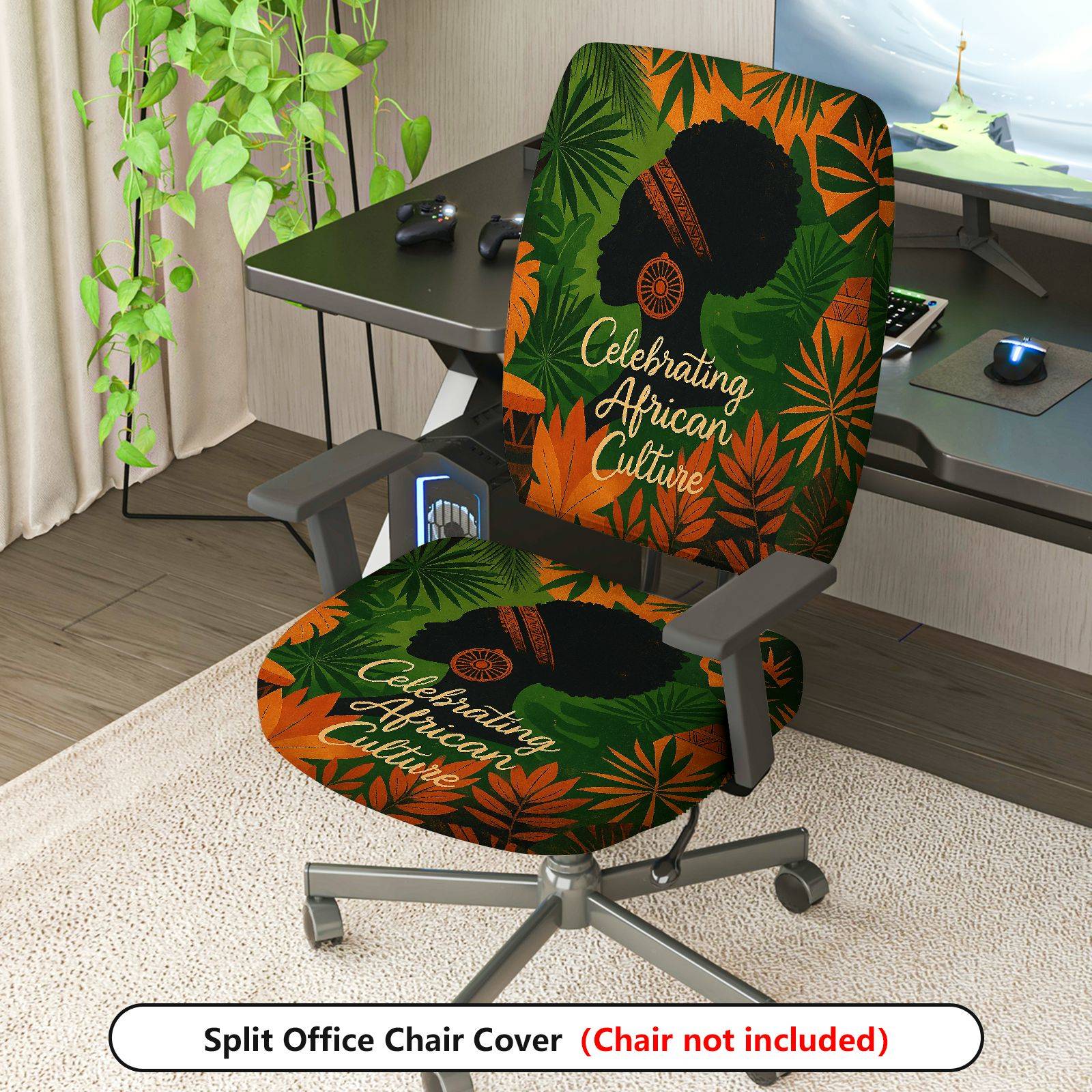 2-Piece African Culture Tribal Pattern Green Orange  Computer Chair Cover Set, Seat and Backrest