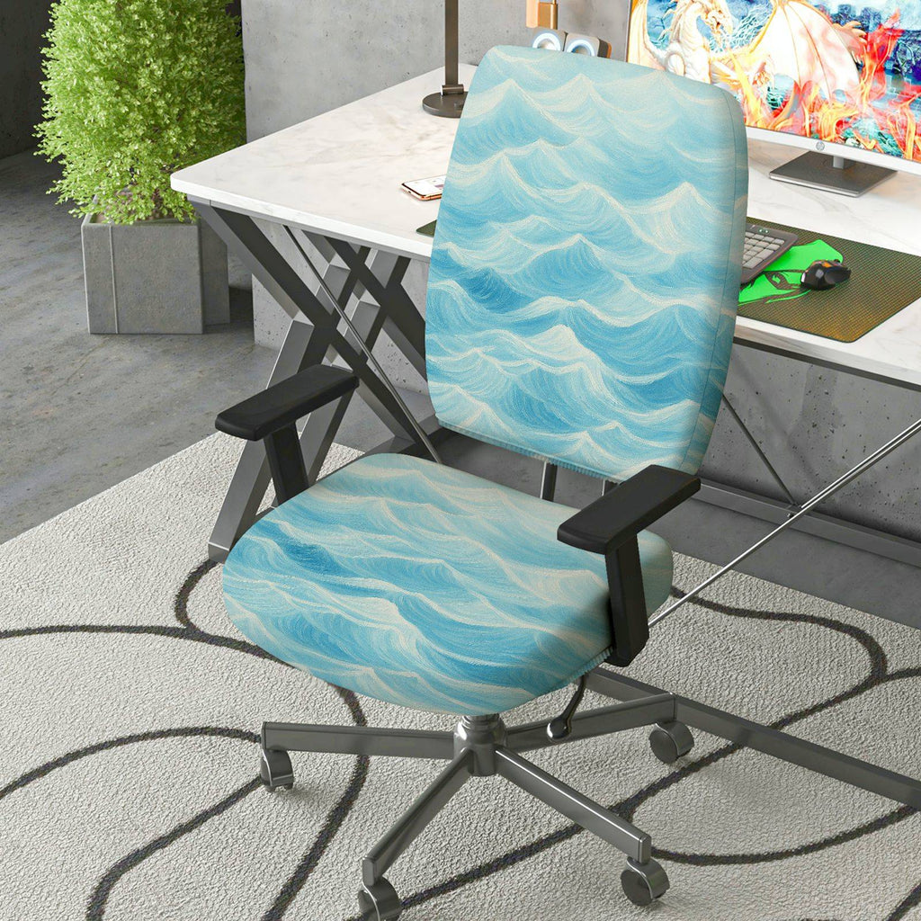 2-Piece Abstract Ocean Wave Blue Pattern  Computer Chair Cover Set, Seat and Backrest